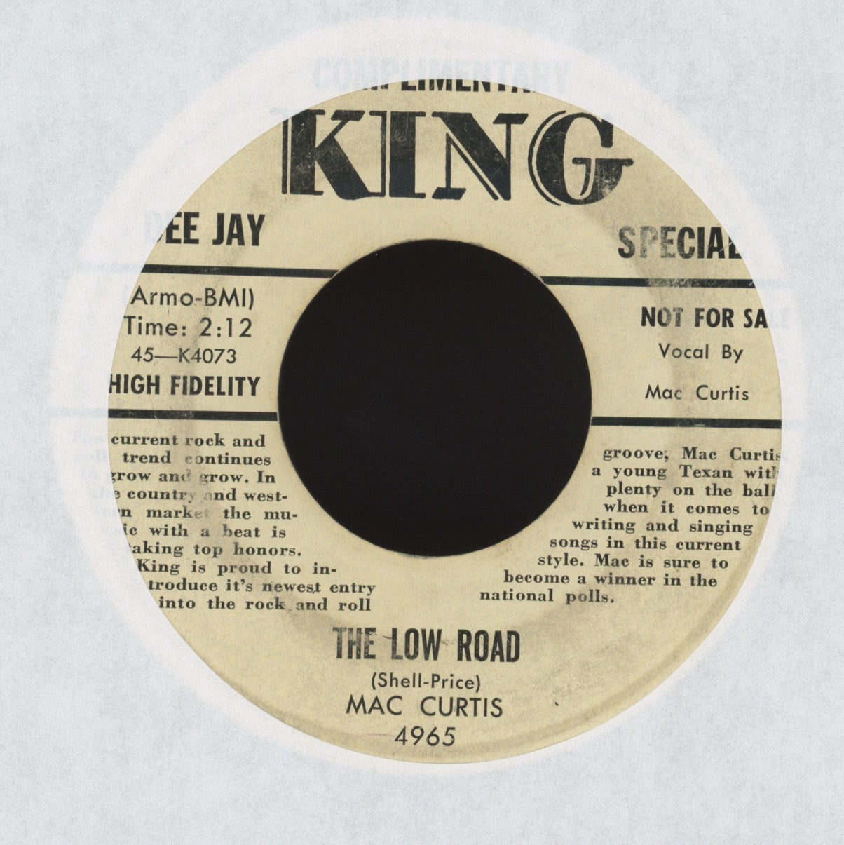 Mac Curtis - The Low Road / You Ain't Treatin' Me Right on King Bio Promo Rockabilly Popcorn 45