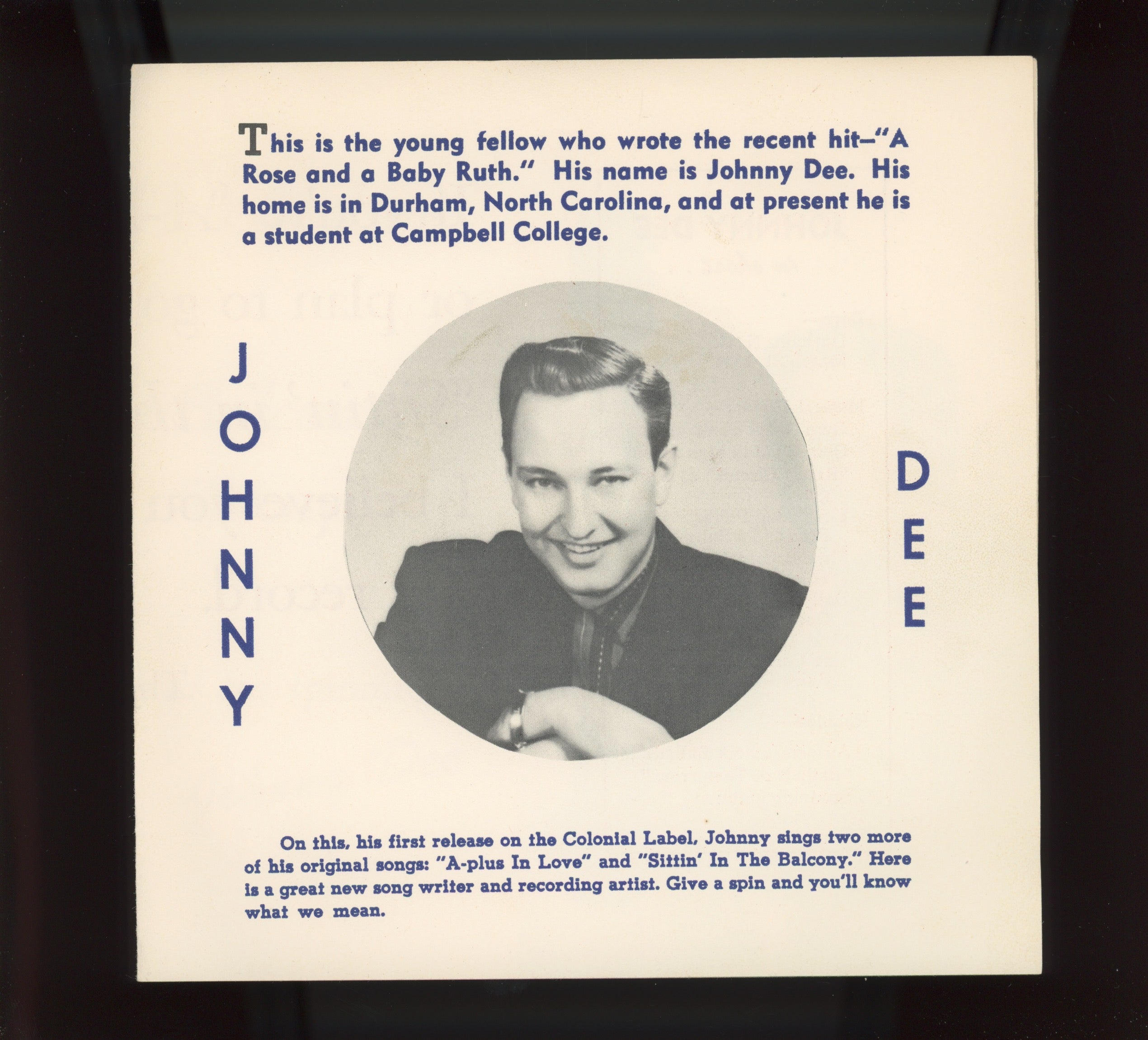 Johnny Dee - Sittin' In The Balcony on Colonial Rockabilly Doo Wop with Picture Sleeve and Custom Colonial Sleeve