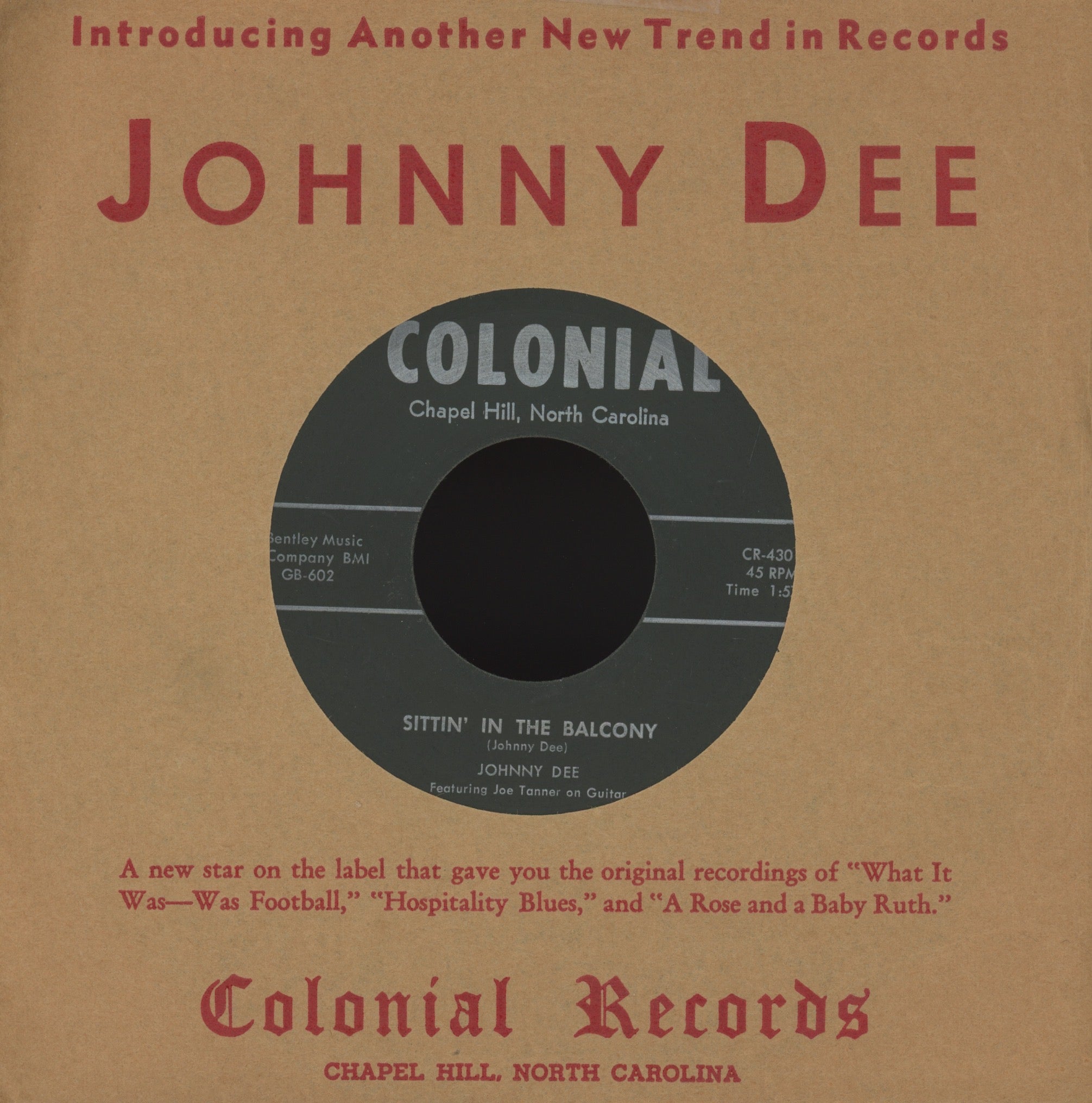 Johnny Dee - Sittin' In The Balcony on Colonial Rockabilly Doo Wop with Picture Sleeve and Custom Colonial Sleeve