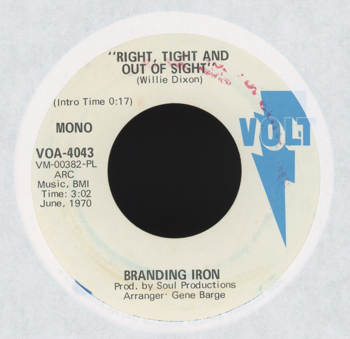 Branding Iron - Right Tight And Out Of Sight on Volt Promo Soul Funk 45