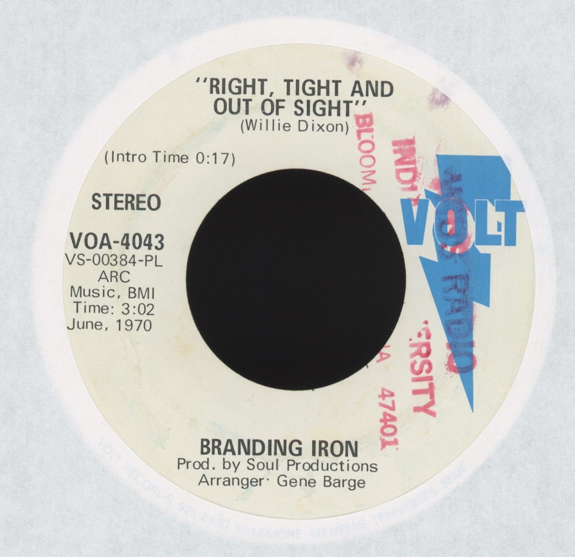 Branding Iron - Right Tight And Out Of Sight on Volt Promo Soul Funk 45