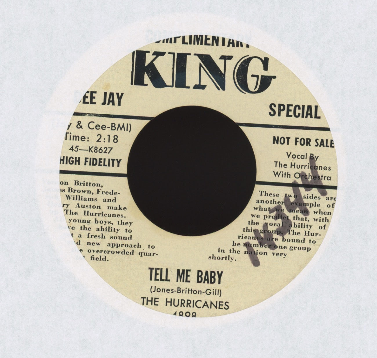 The Hurricanes - Raining In My Heart / Tell Me Baby on King Bio Promo R&B Doo Wop 45