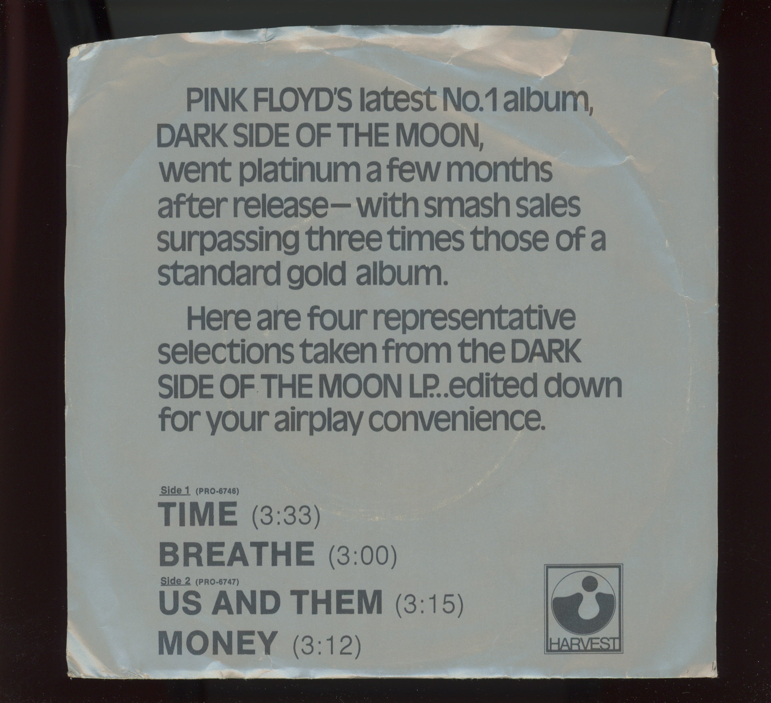Pink Floyd - Dark Side Of The Moon on Harvest Rare Mono Promo EP 45 With Picture Sleeve