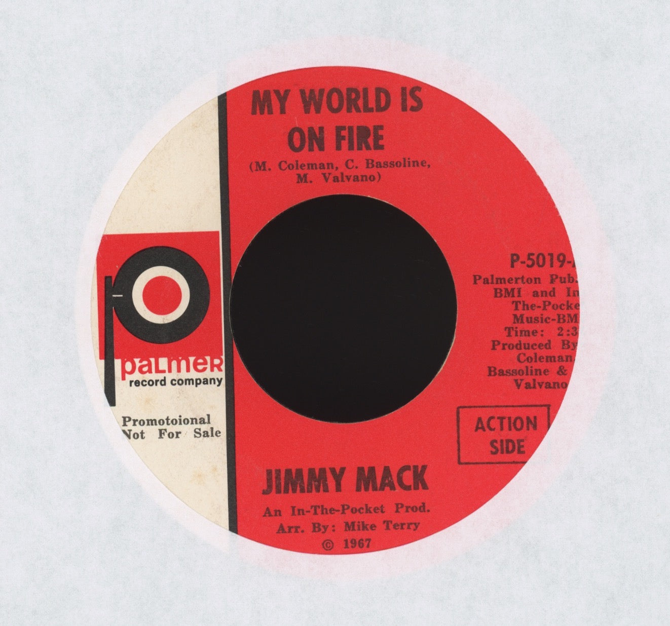 Jimmy Mack - My World Is On Fire on Palmer Promo Northern Soul 45