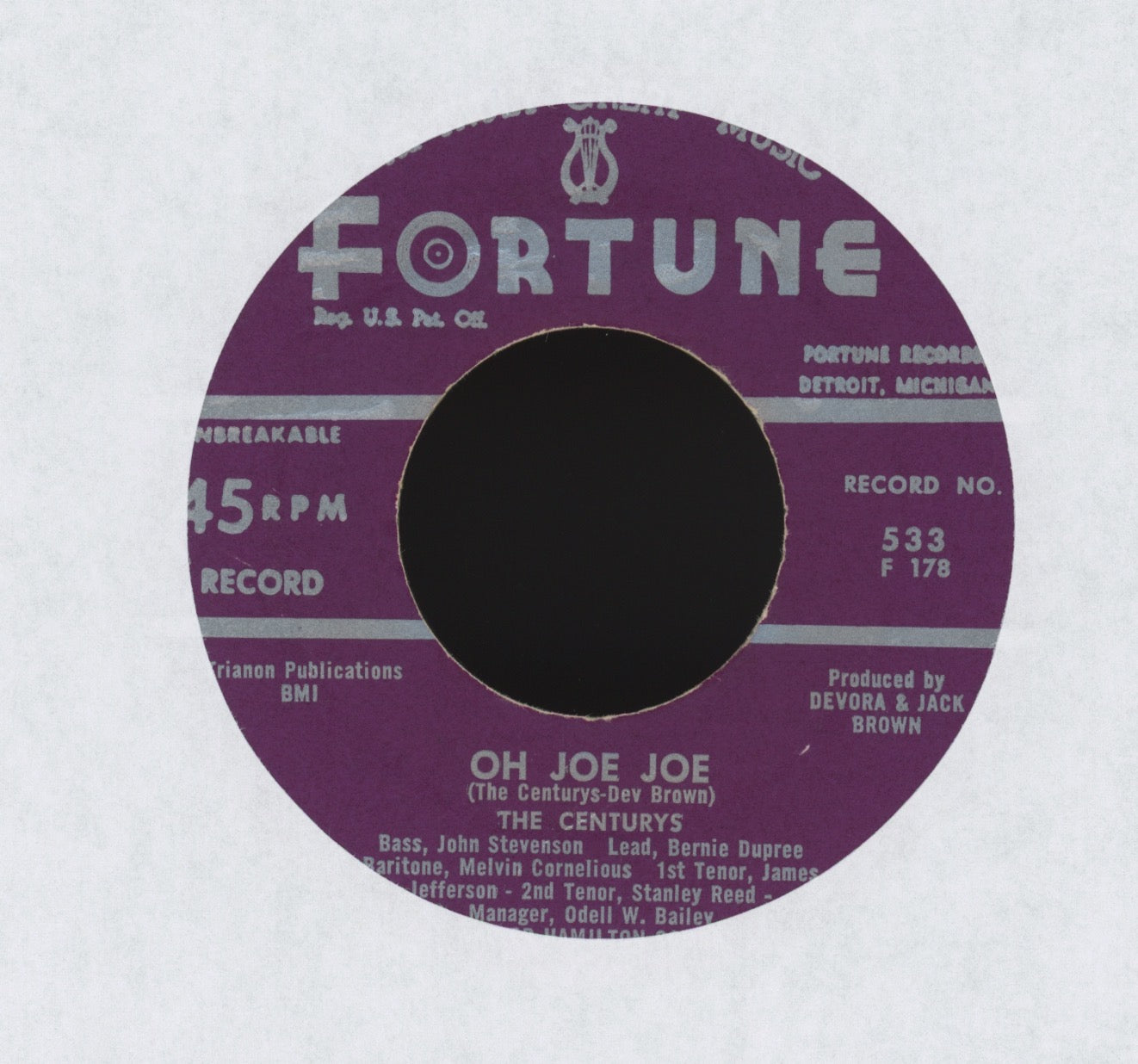 The Centurys - Take My Hand / Oh Joe Joe on Fortune R&B Doo Wop 45