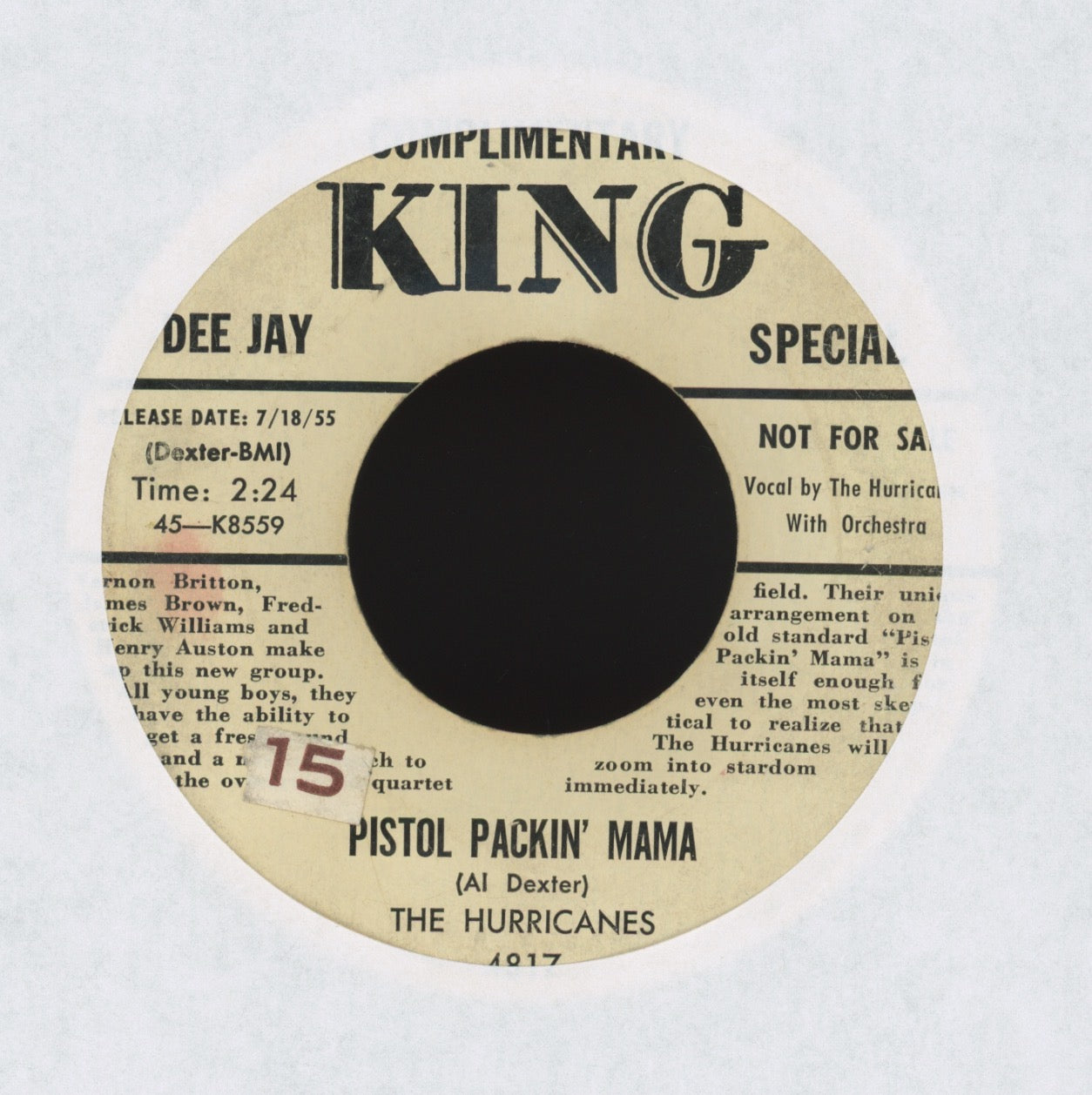 The Hurricanes - Pistol Packin' Mama on King Bio Promo R&B Doo Wop 45