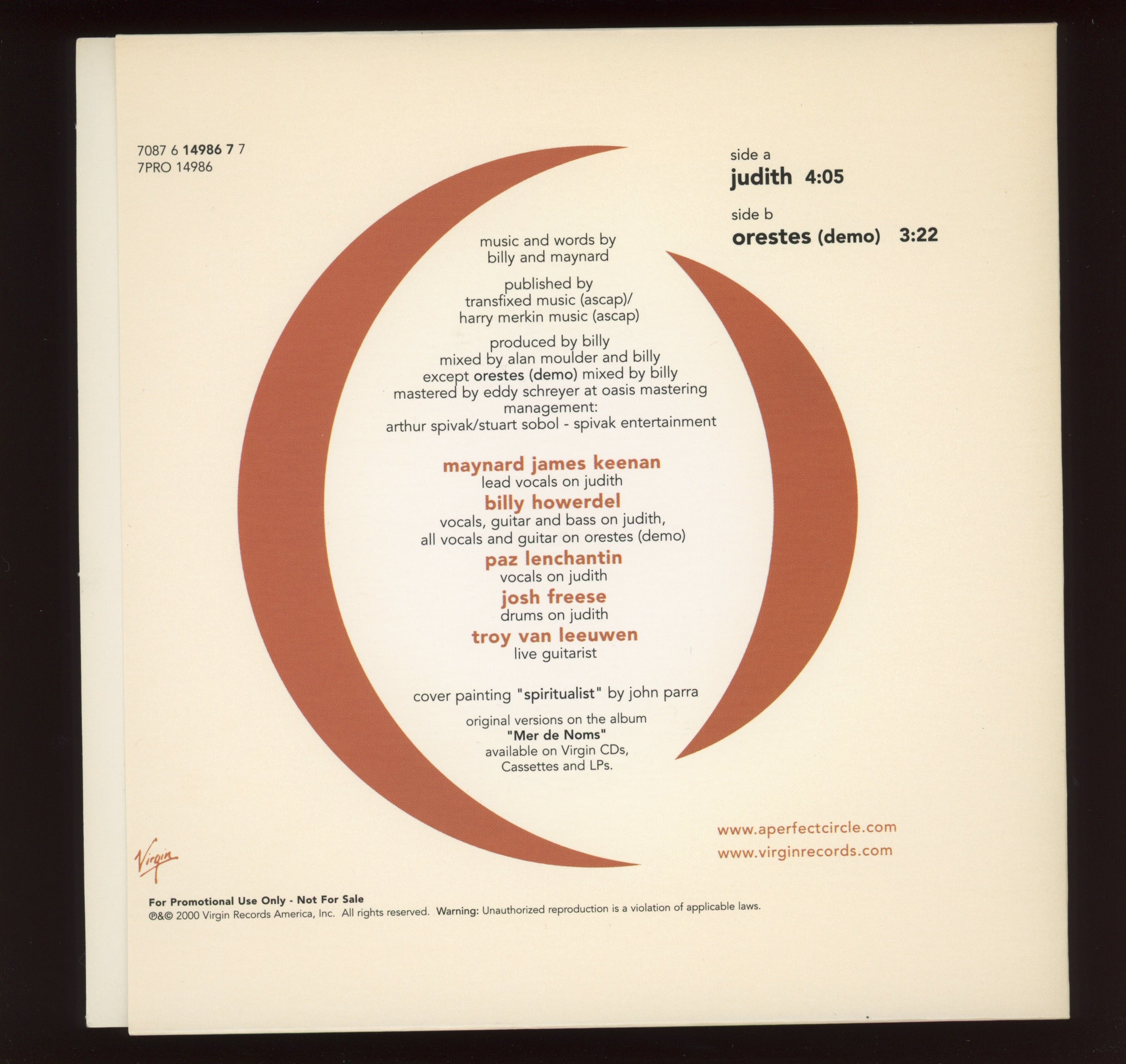 A Perfect Circle - Judith on Virgin Promo With Picture Sleeve