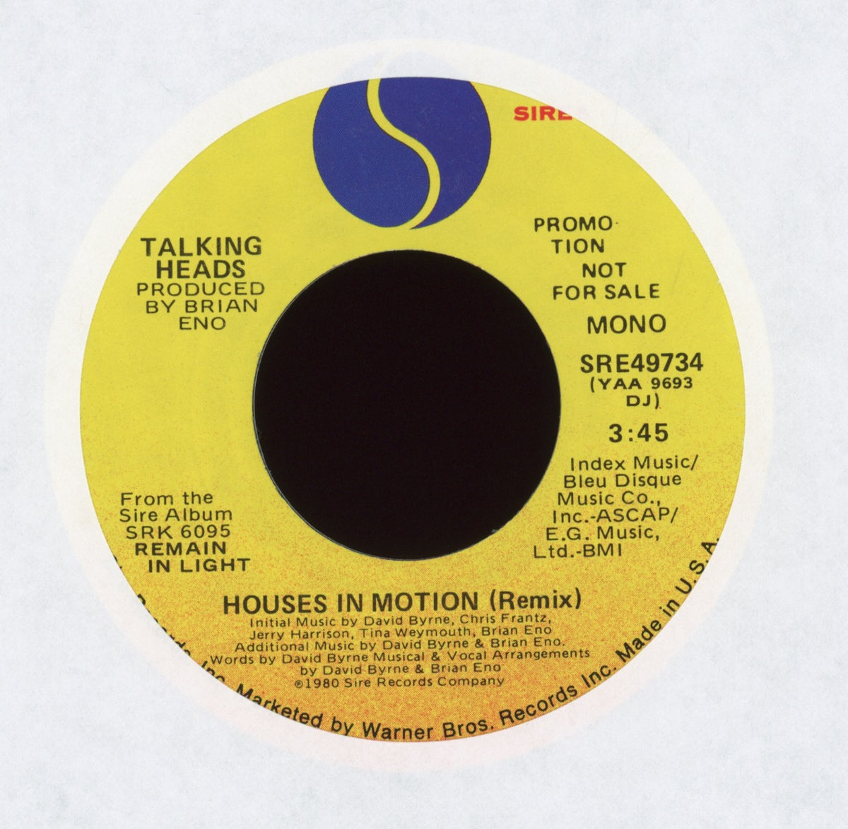 Talking Heads Houses In Motion (Remix) on Sire Promo Rock 45 Plaid