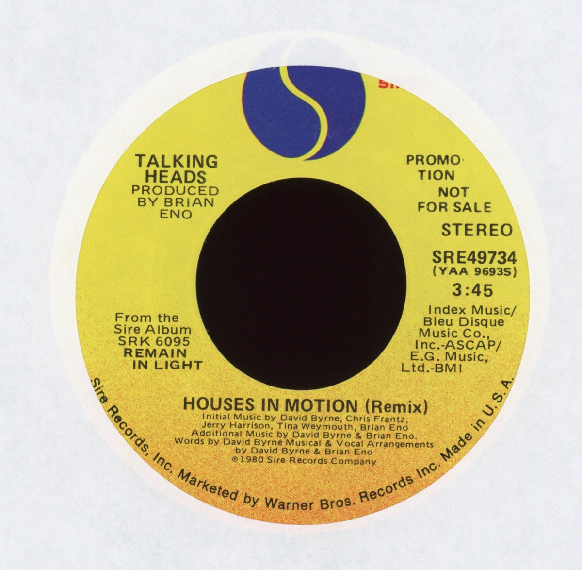 Talking Heads Houses In Motion (Remix) on Sire Promo Rock 45 Plaid
