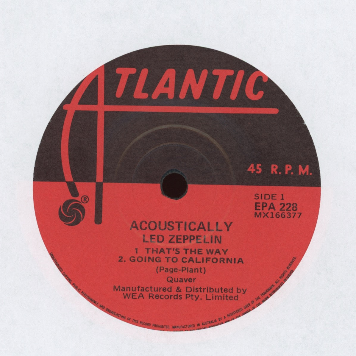 Led Zeppelin - Acoustically on Atlantic Australian Press 7" EP With Pic Sleeve Reissue