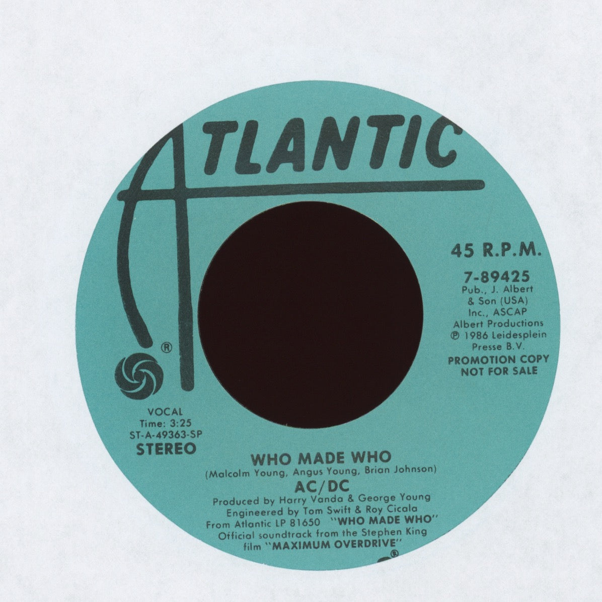 AC/DC - Who Made Who on Atlantic Promo With Picture Sleeve