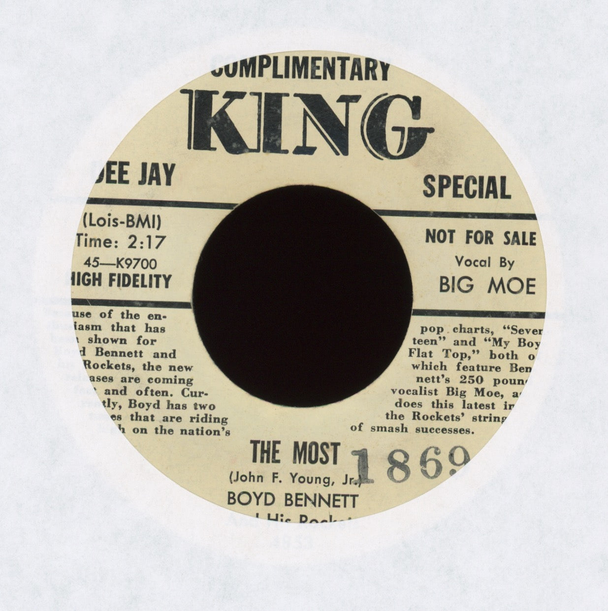 Boyd Bennett And His Rockets - The Most on King Bio Promo Rockabilly 45