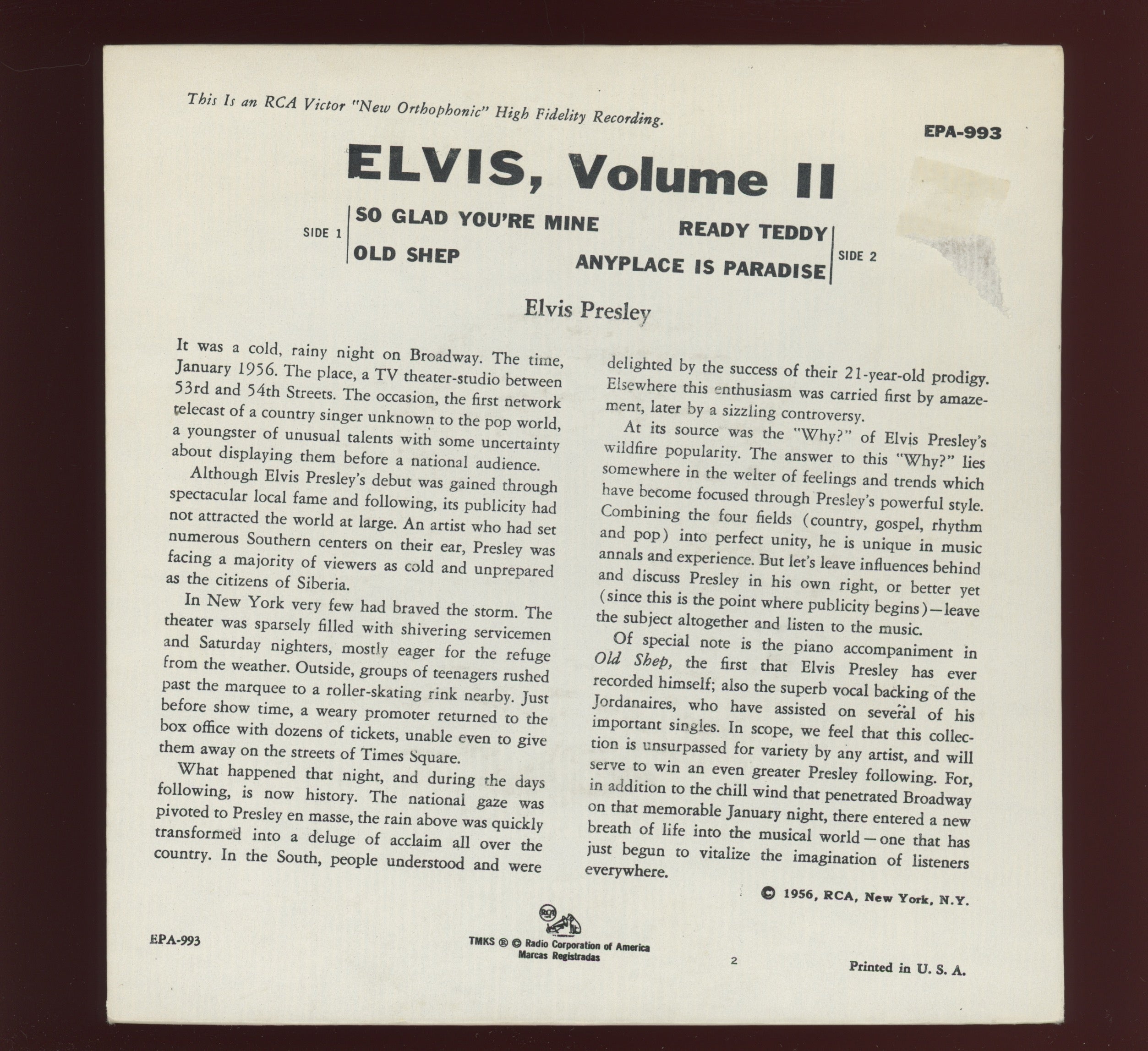 Elvis Presley - Elvis, Volume 2 on RCA EPA 993 Rare Orange Label 45 EP With Cover