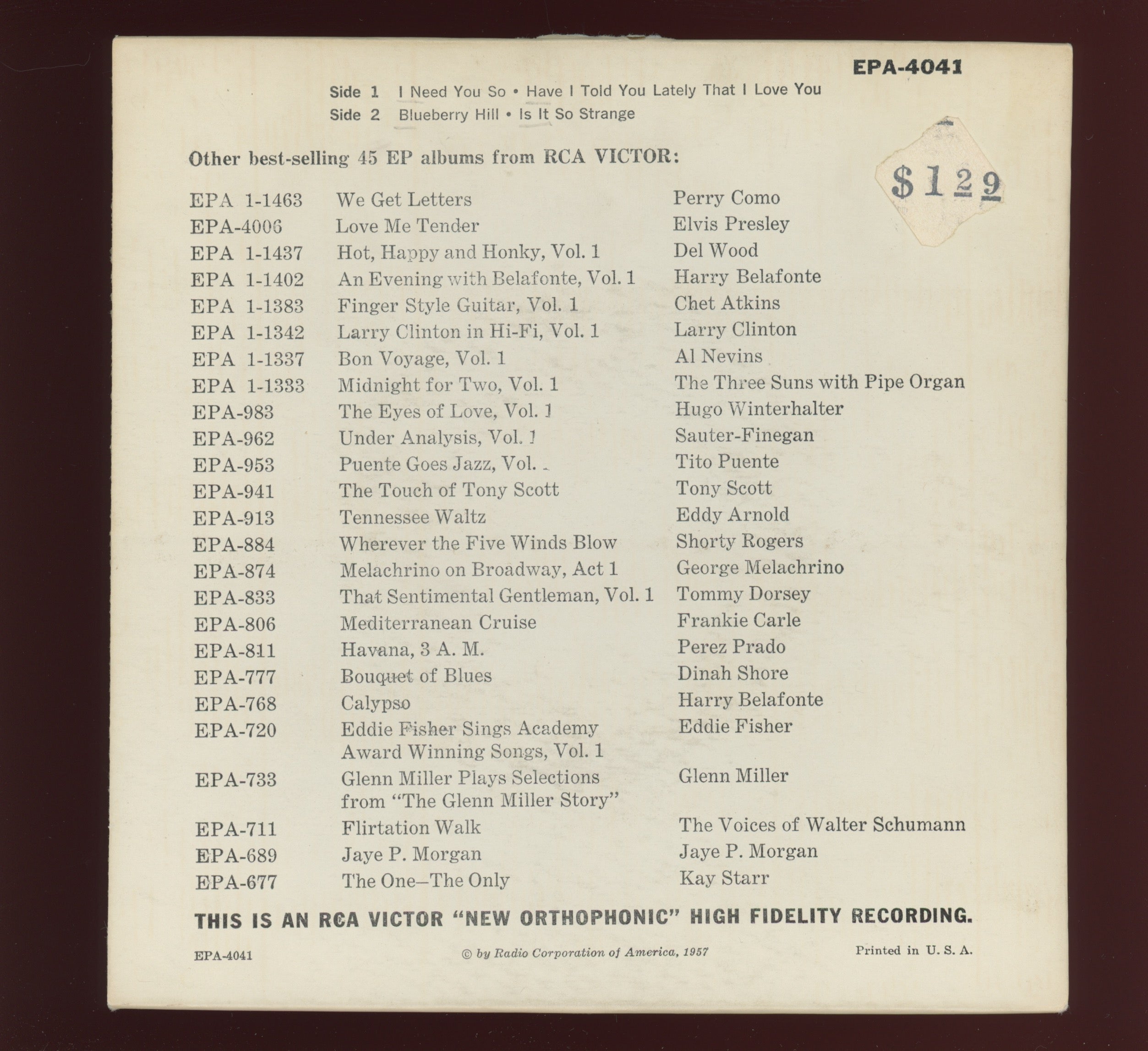 Elvis Presley - Just For You on RCA EPA 4041 Rare Orange Label EP 45 With Cover