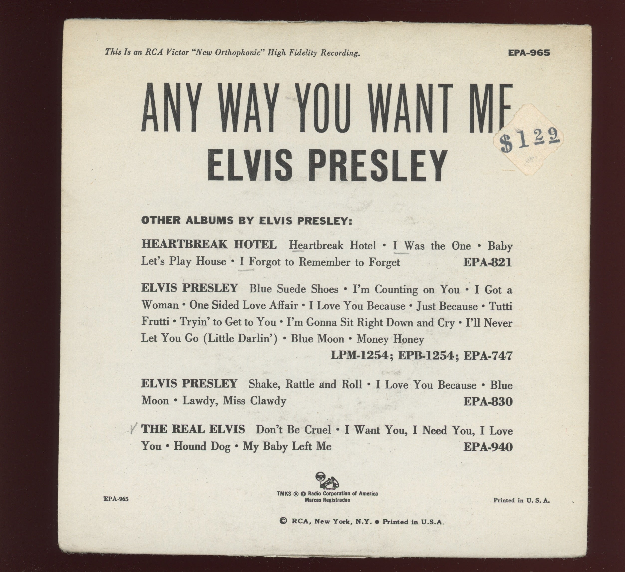 Elvis Presley - Any Way You Want Me on RCA EPA 965 Rare Orange Label EP 45 With Cover