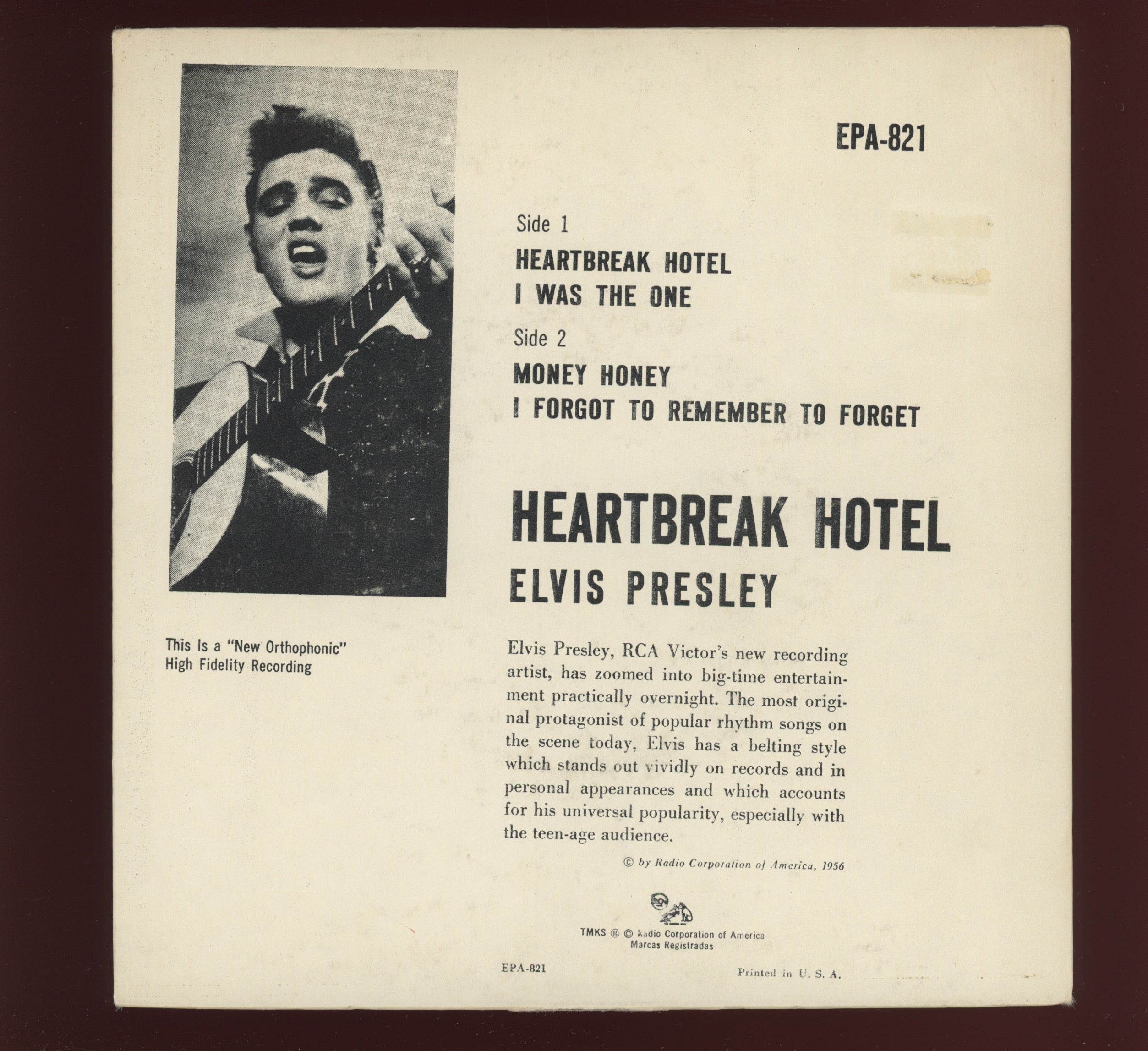 Elvis Presley - Heartbreak Hotel on RCA EPA 821 Rare Orange Label EP 45 With Cover