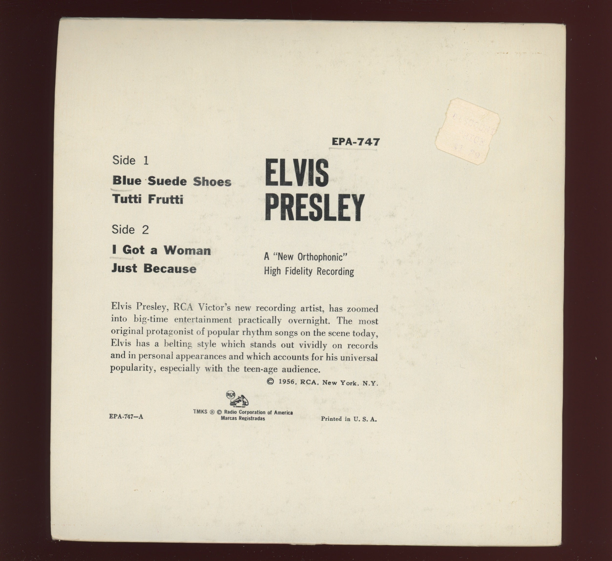 Elvis Presley - Elvis Presley on RCA EPA 747 Rare Orange Label EP 45 With Cover