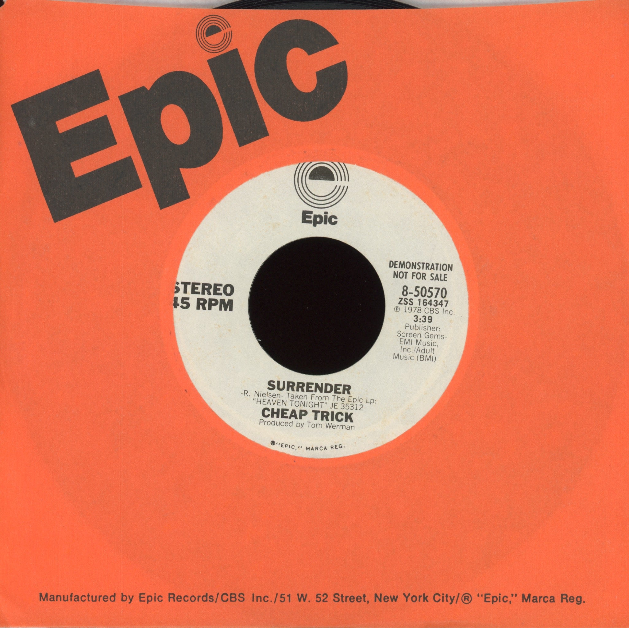 Cheap Trick - Surrender on Epic Promo Rock 45