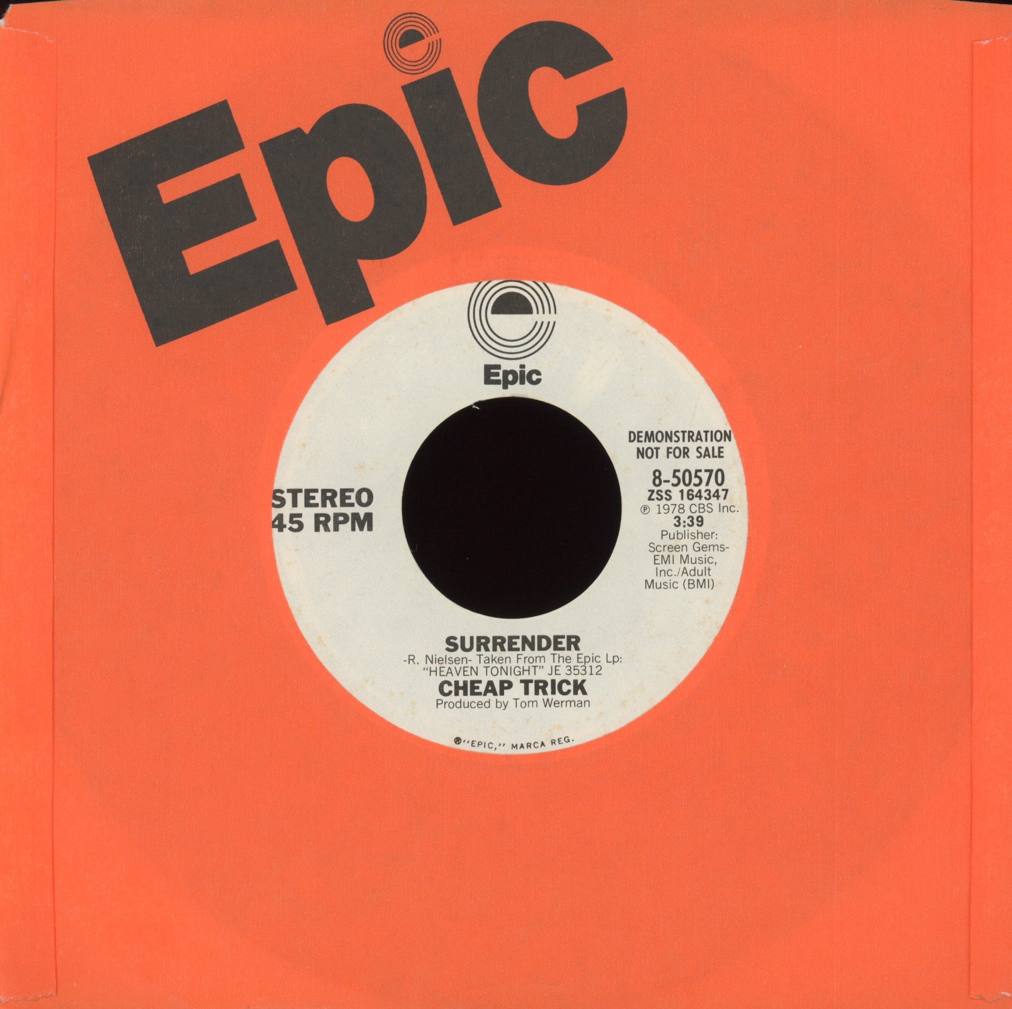Cheap Trick - Surrender on Epic Promo Rock 45