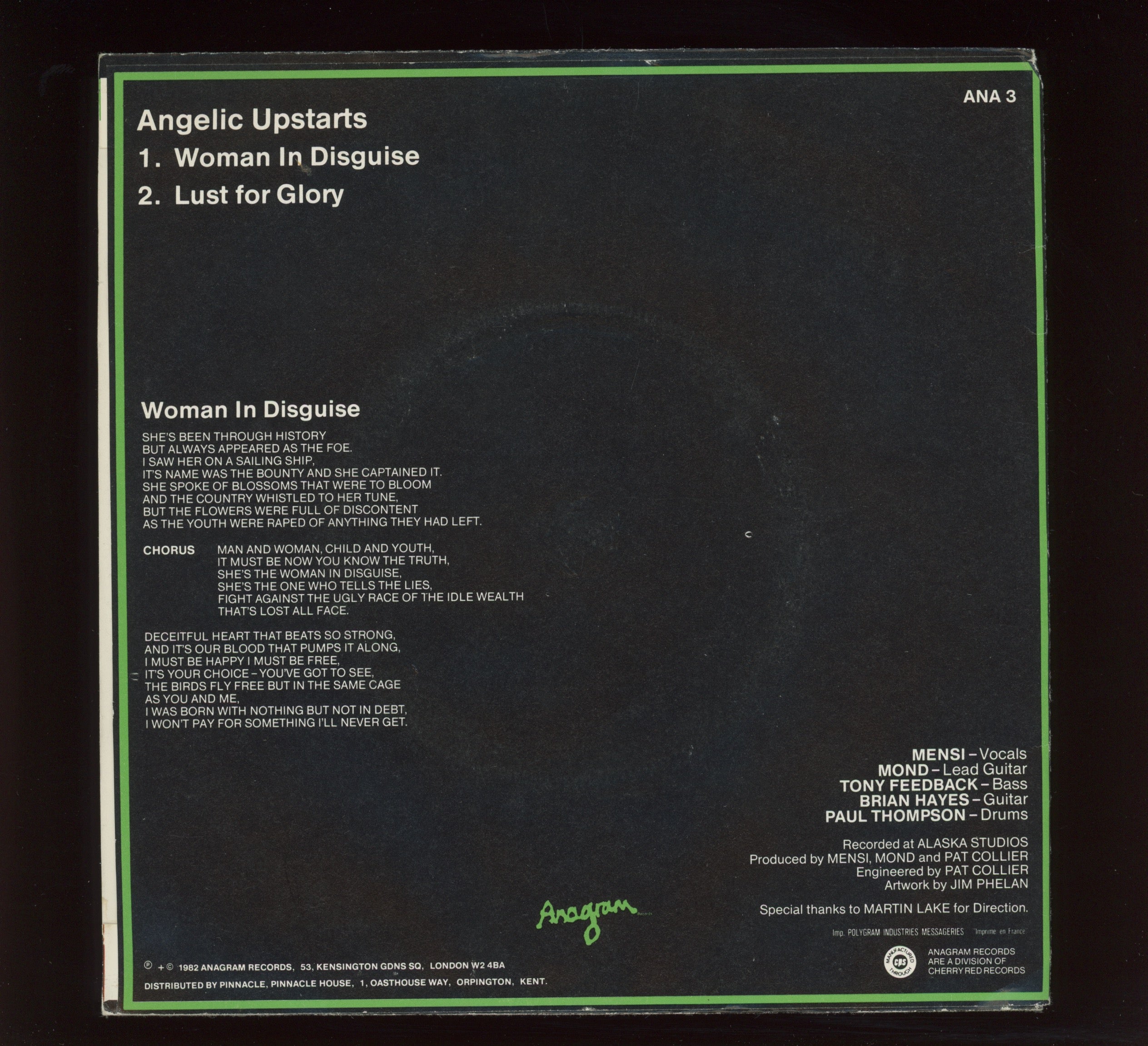 Angelic Upstarts - Woman In Disguise on Anagram U.K. 7" With Picture Sleeve