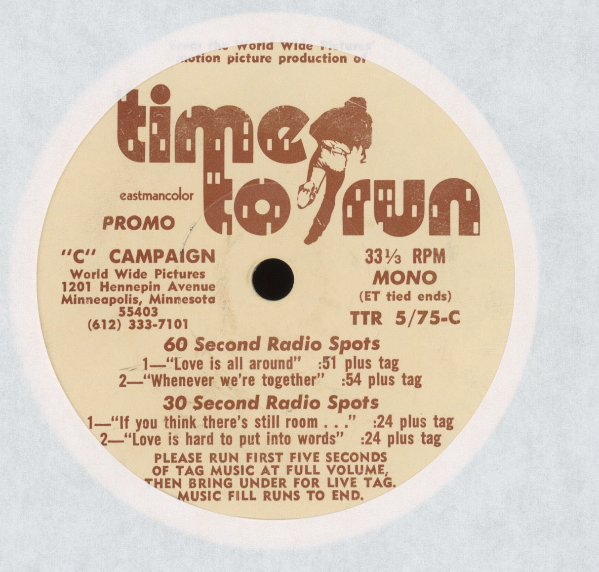 Jerry Whitman - Time To Run Radio Spots Single Sided Movie Promo 7"
