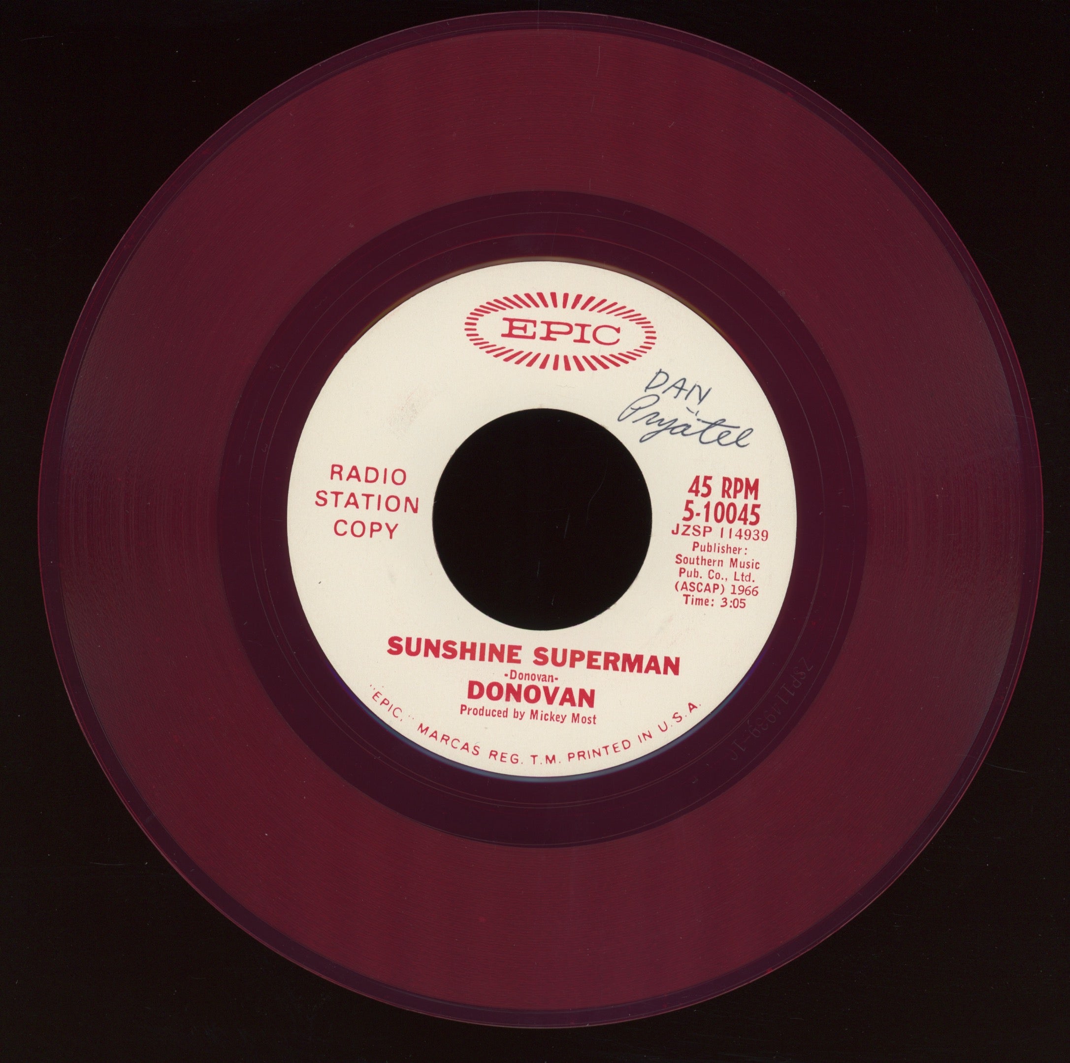 Donovan - Sunshine Superman on Columbia Red Vinyl Promo With Picture Sleeve