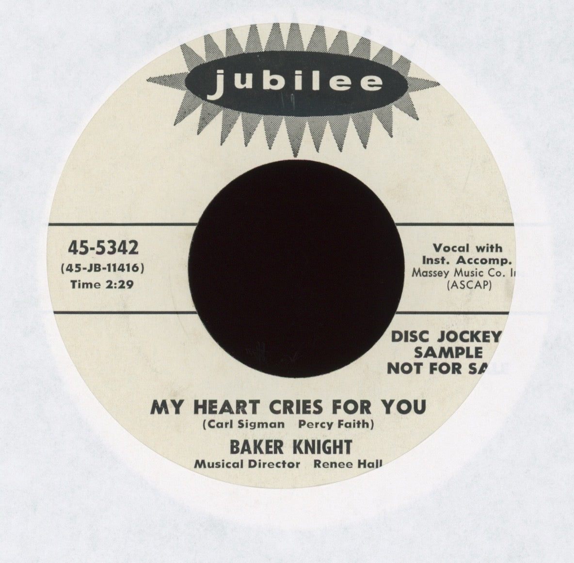 Baker Knight - My Heart Cries For You / Ain't Nothin' But Love on Jubilee Promo Rock and Roll 45