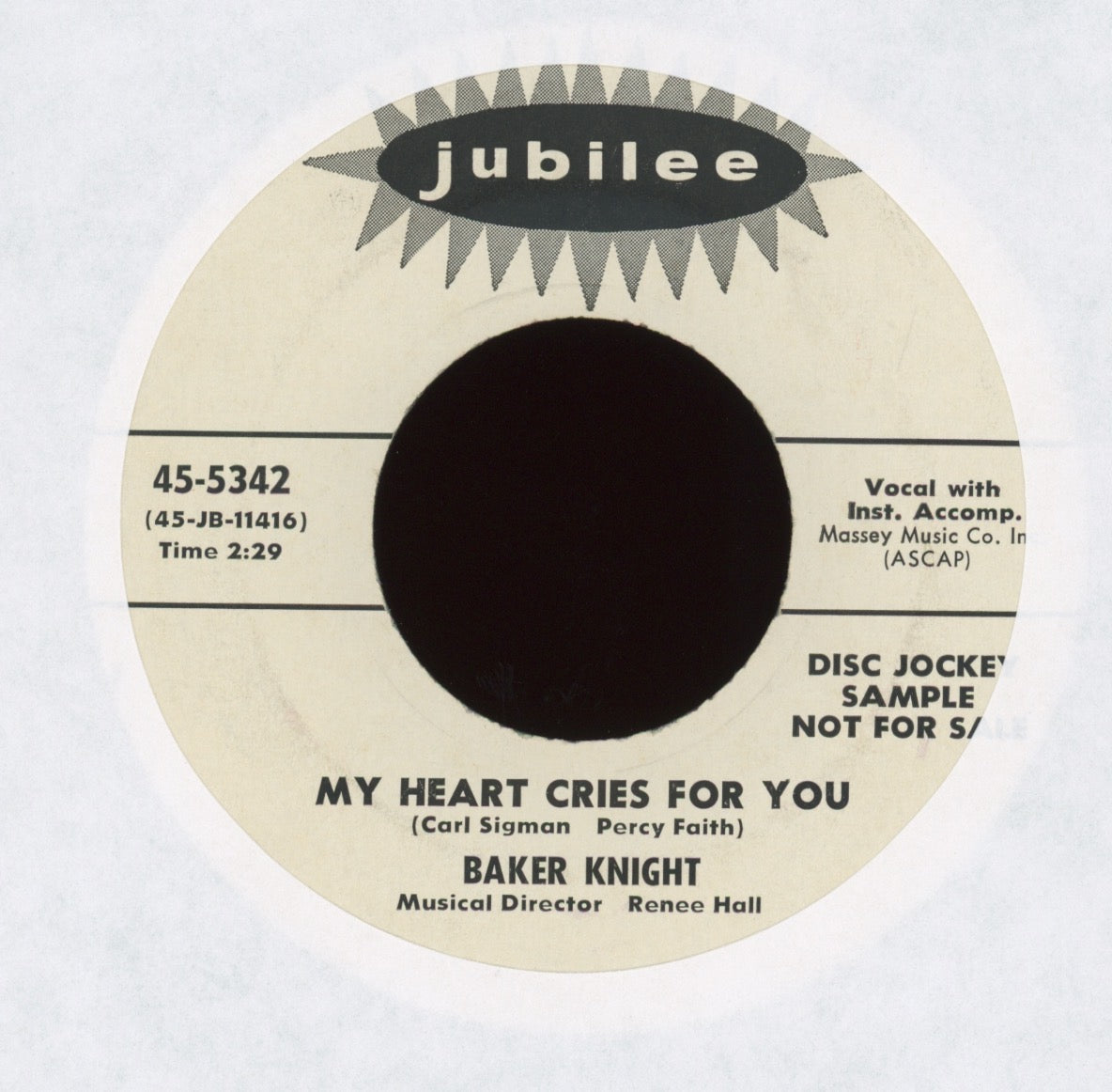 Baker Knight - My Heart Cries For You / Ain't Nothin' But Love on Jubilee Promo Rock and Roll 45