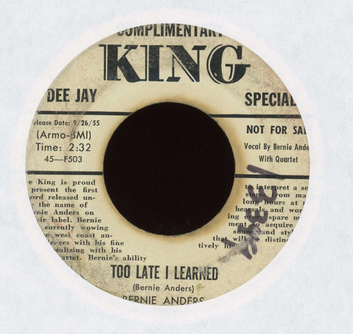 Bernie Anders - My Heart Believes on King Promo R&B 45