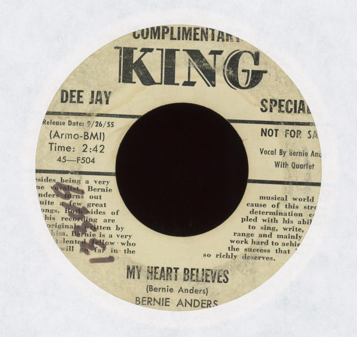 Bernie Anders - My Heart Believes on King Promo R&B 45