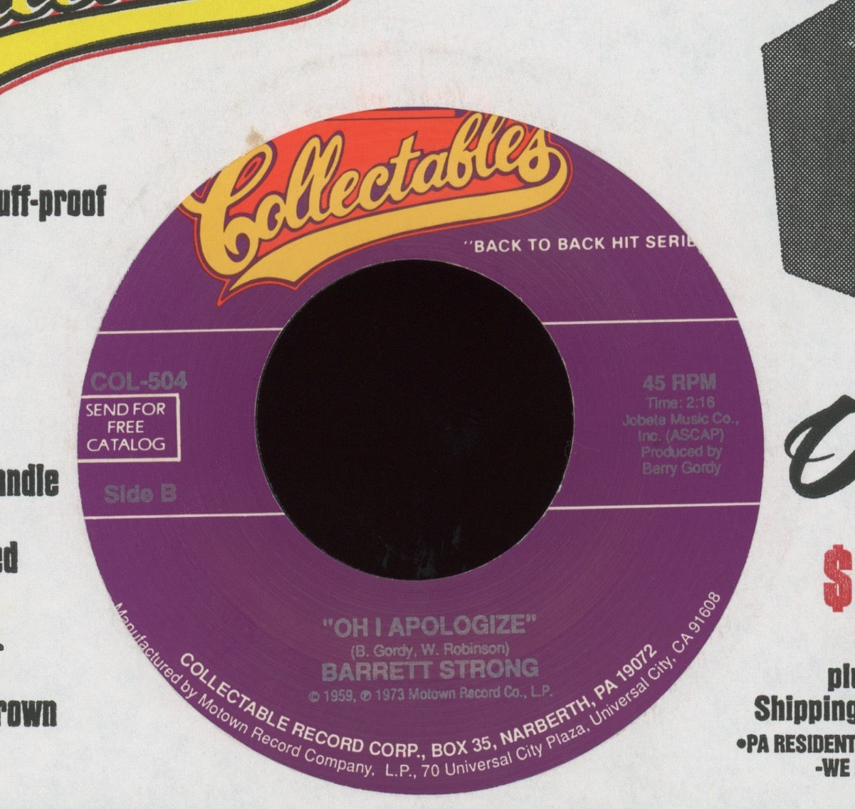 Barrett Strong - Money (That's What I Want) / Oh I Apologize on Collectables Soul 45 Reissue