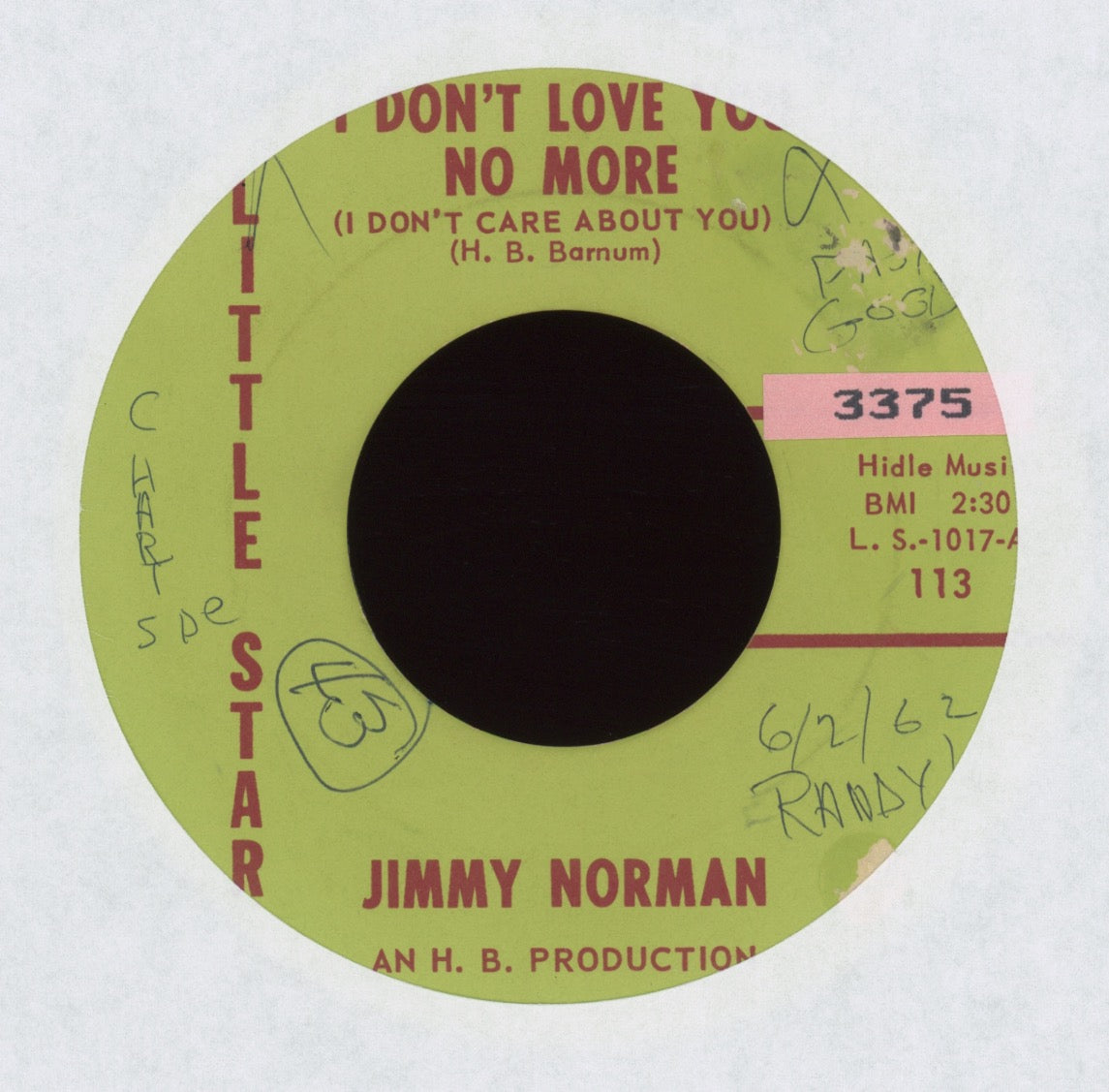 Jimmy Norman - I Don't Love You No More (I Don't Care About You) on Little Star R&B 45