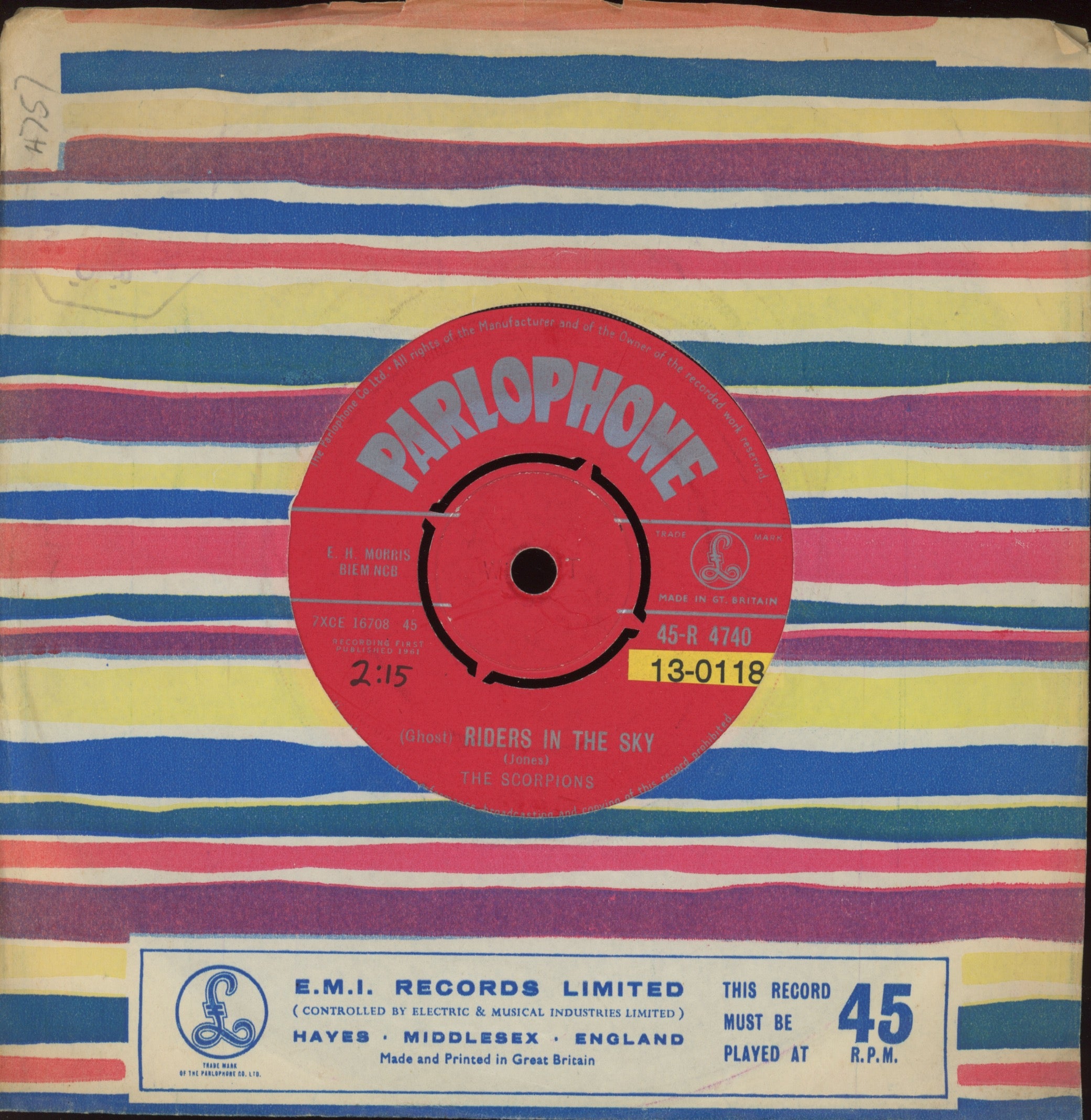 The Scorpions - (Ghost) Riders In The Sky on Parlophone UK Instro Rockabilly Surf 7" 45