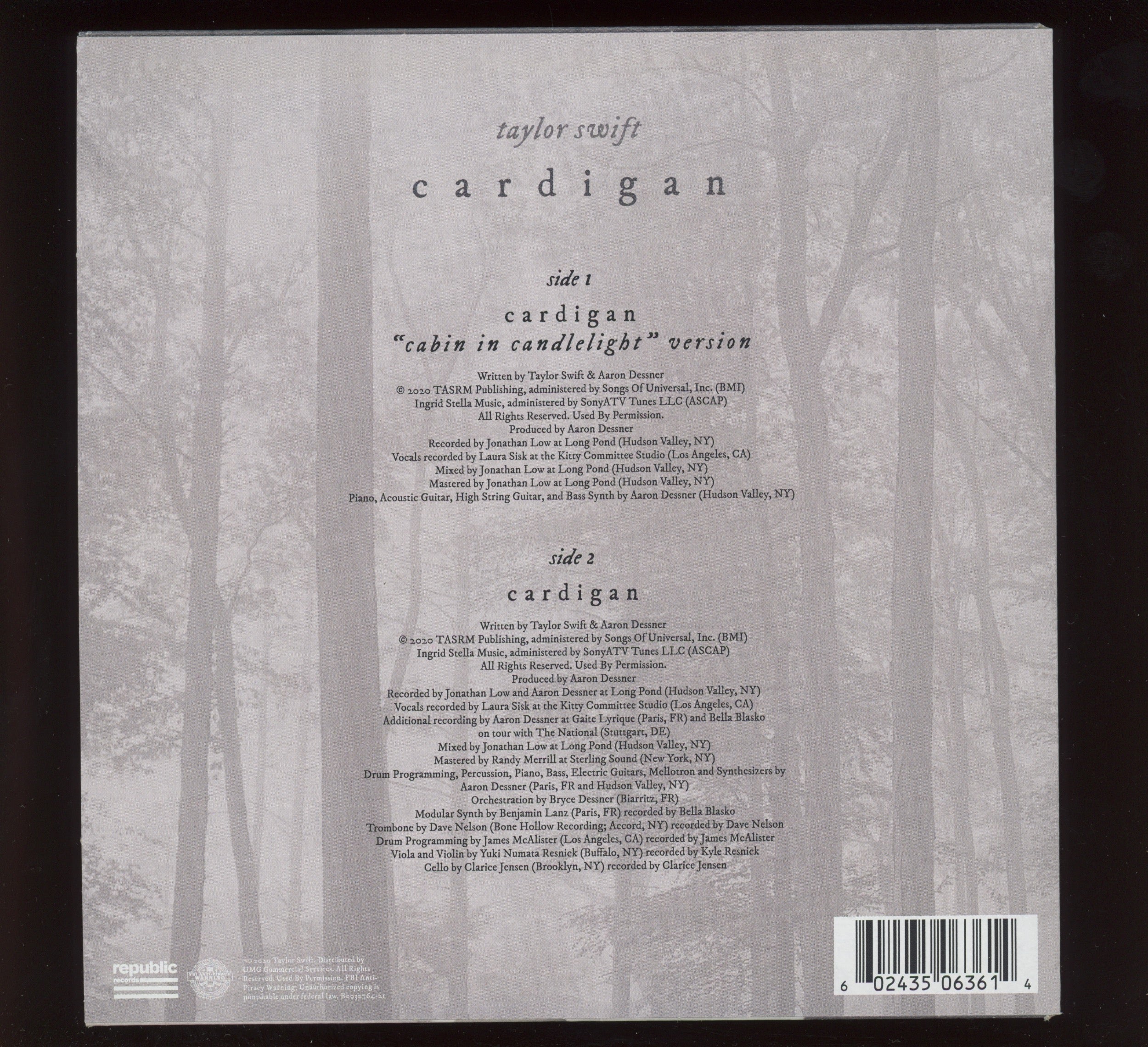 Taylor Swift - Cardigan (Cabin In Candlelight Version) on Republic Ltd White Vinyl 7" 45