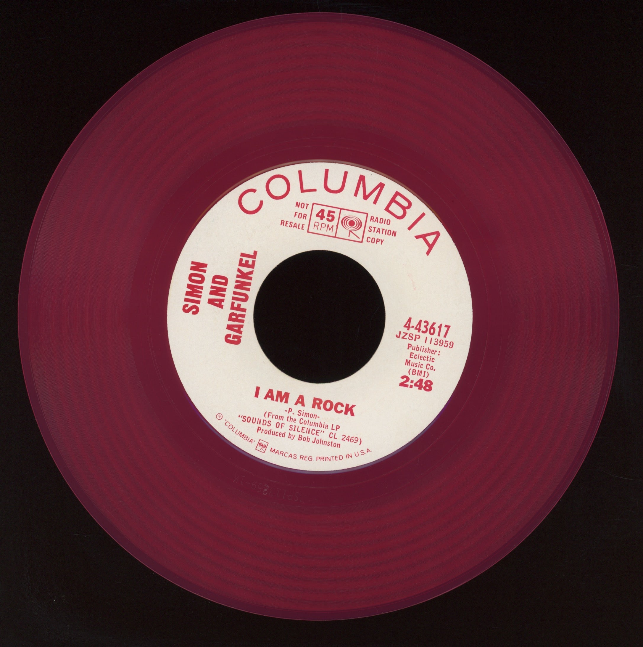 Simon & Garfunkel - I Am A Rock on Columbia Red Vinyl Promo Rock 45