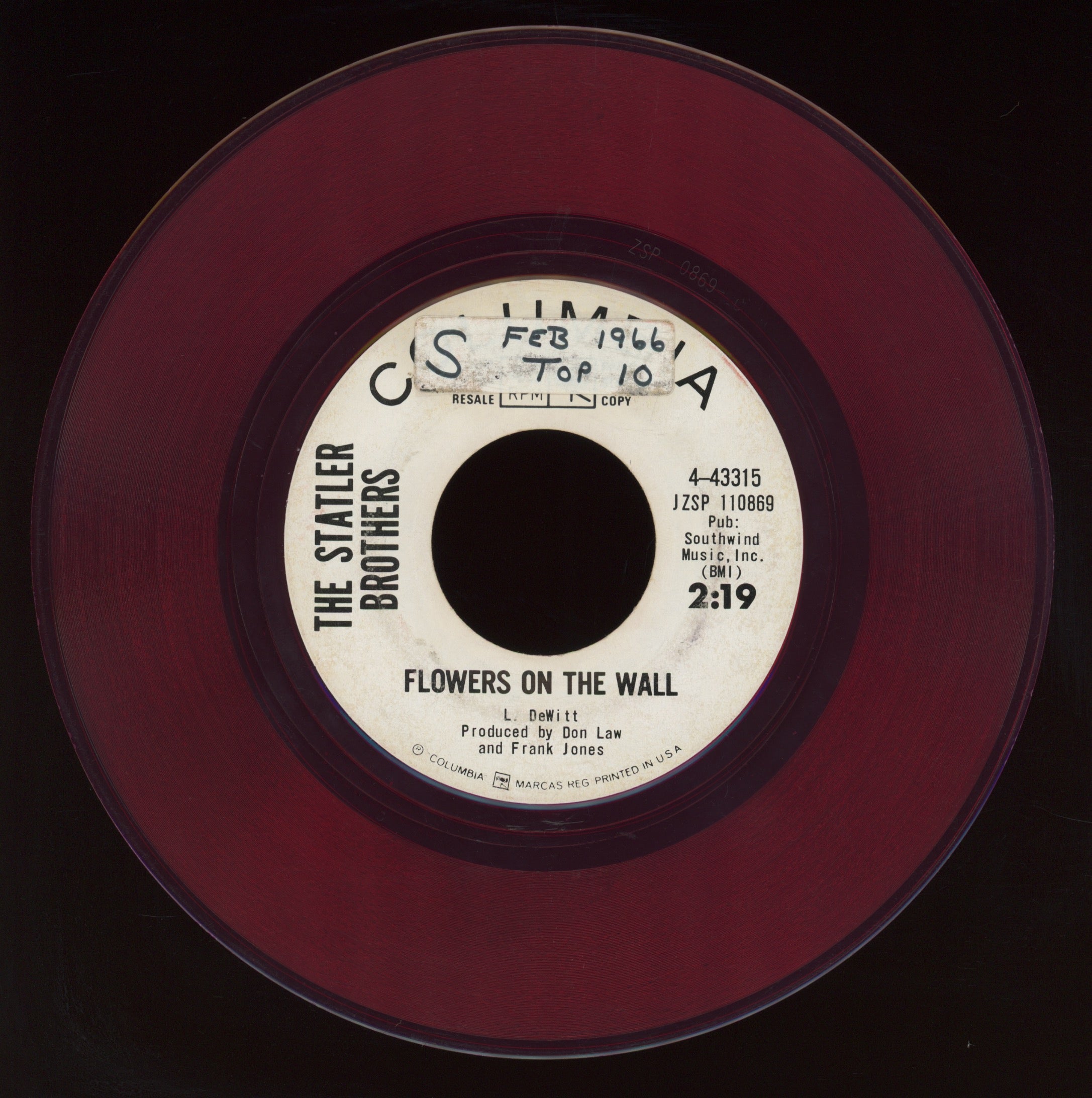 The Statler Brothers - Flowers On The Wall on Columbia Red Vinyl Promo Country 45