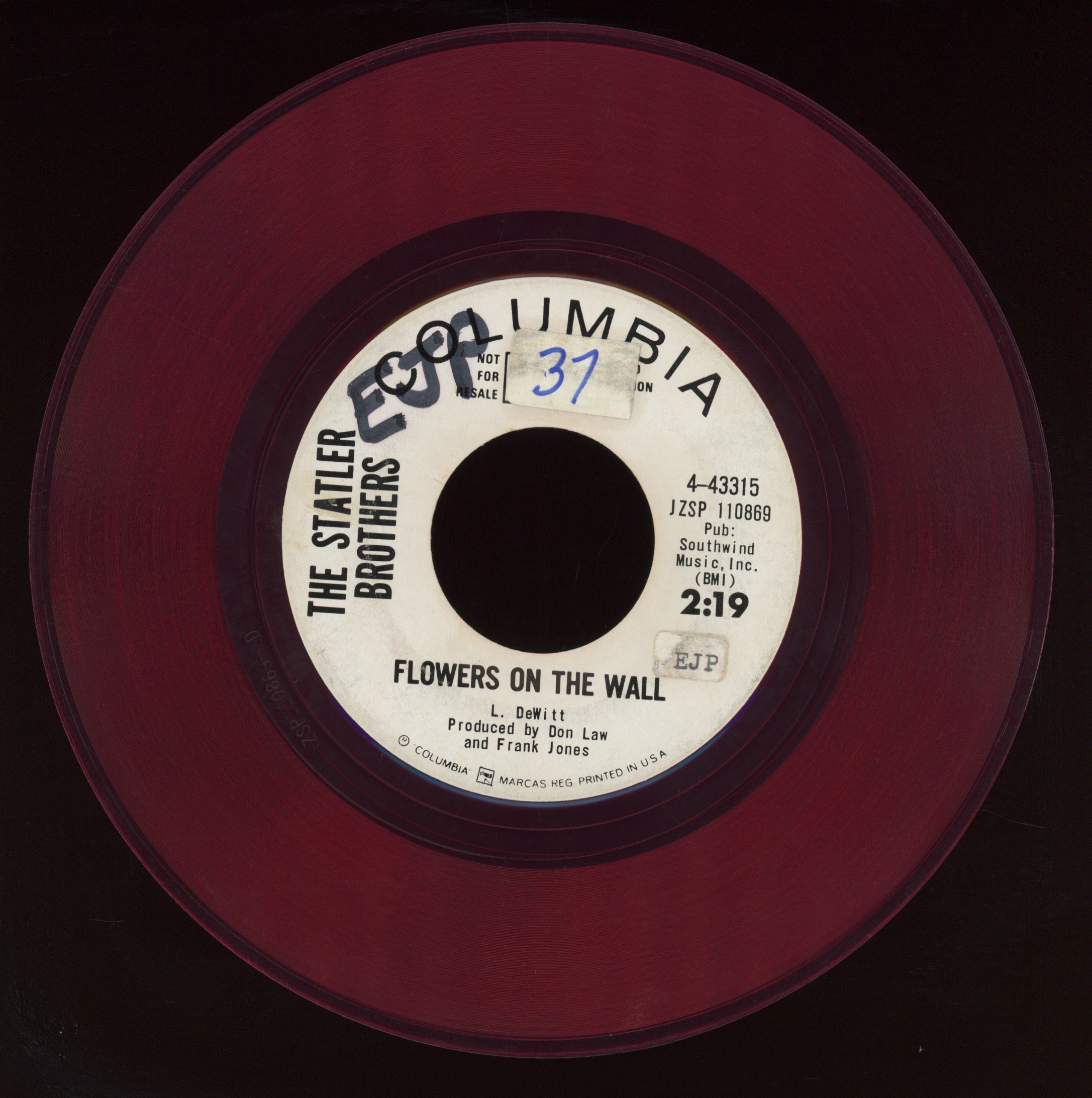 The Statler Brothers - Flowers On The Wall on Columbia Red Vinyl Promo Country 45