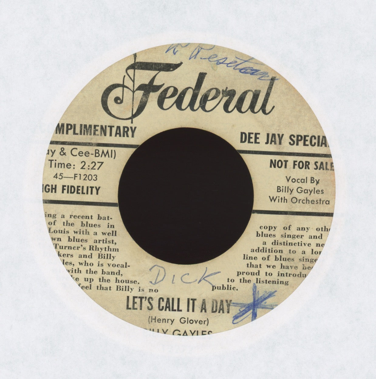 Billy Gayles - Take Your Fine Frame Home on Federal Bio Promo R&B 45