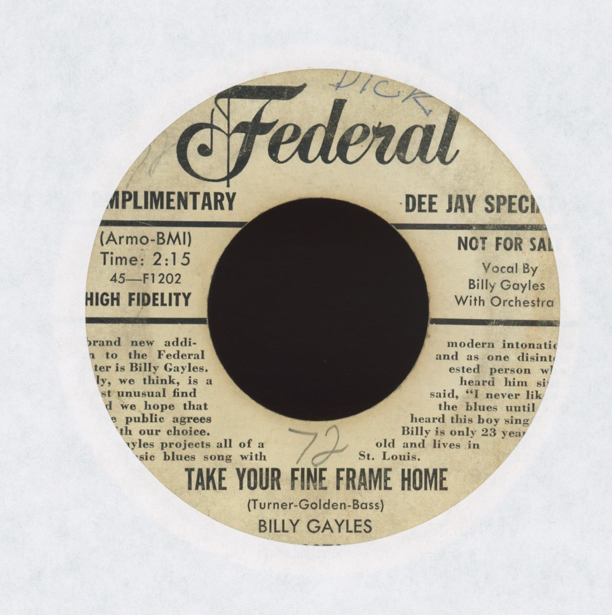 Billy Gayles - Take Your Fine Frame Home on Federal Bio Promo R&B 45