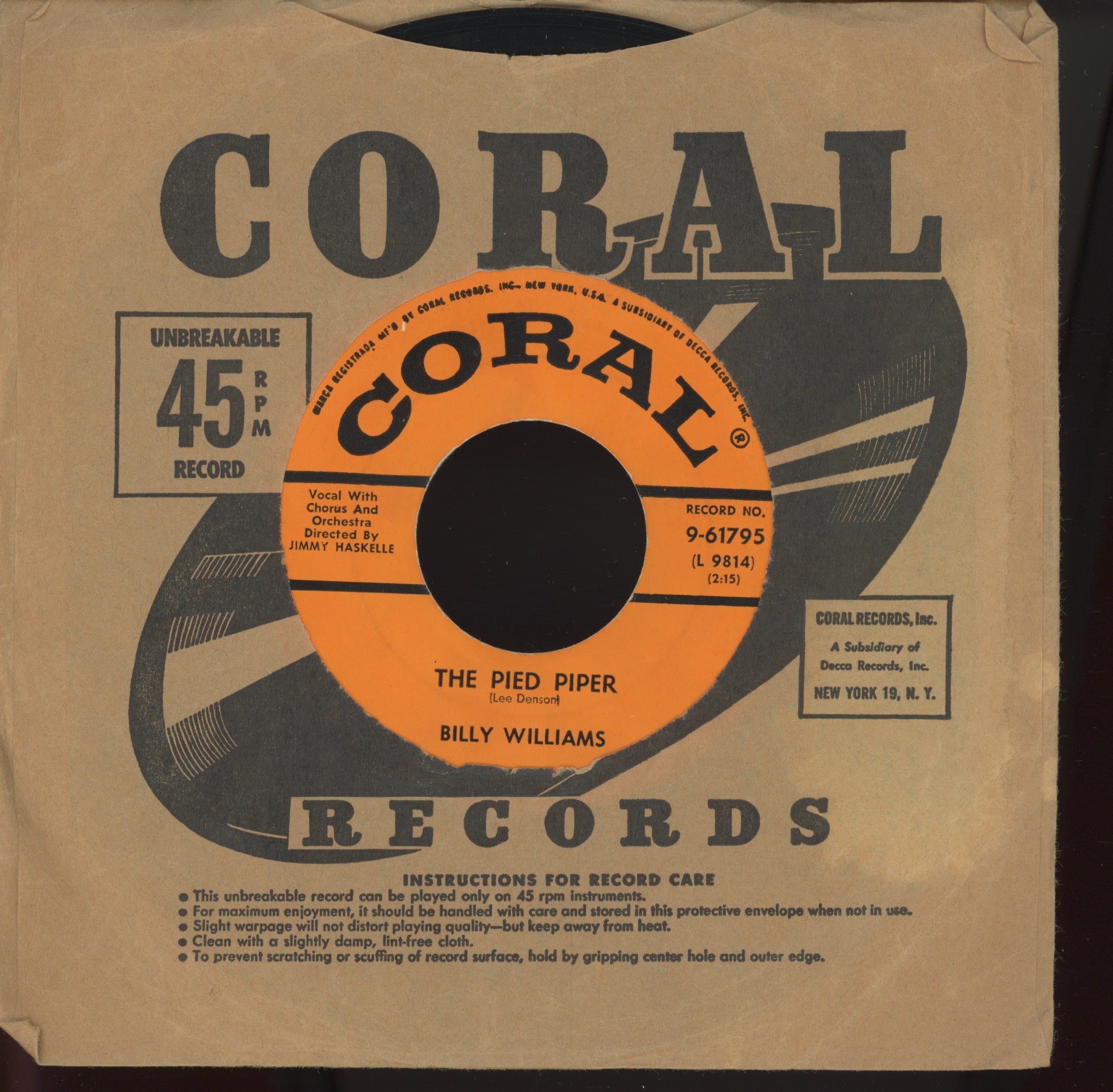 Billy Williams - The Pied Piper on Coral R&B Popcorn 45