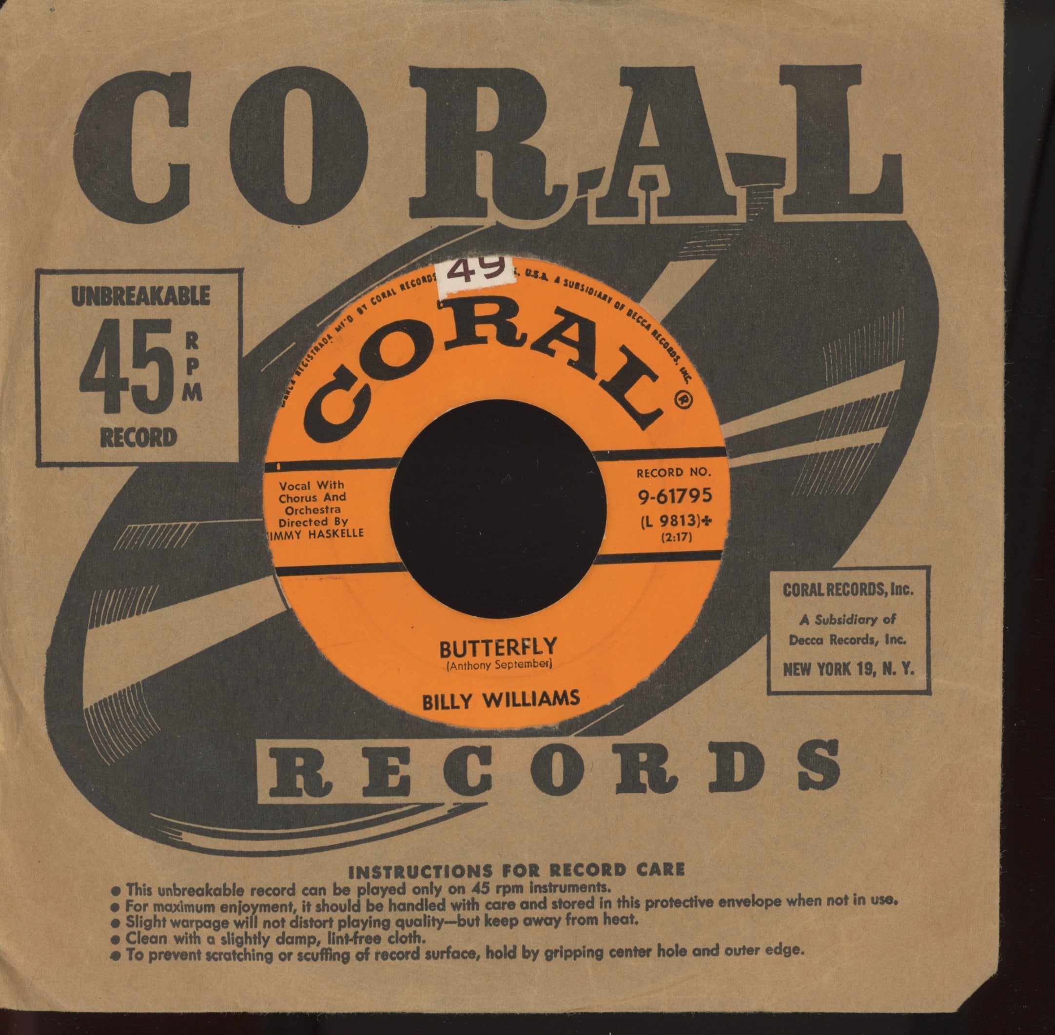 Billy Williams - The Pied Piper on Coral R&B Popcorn 45