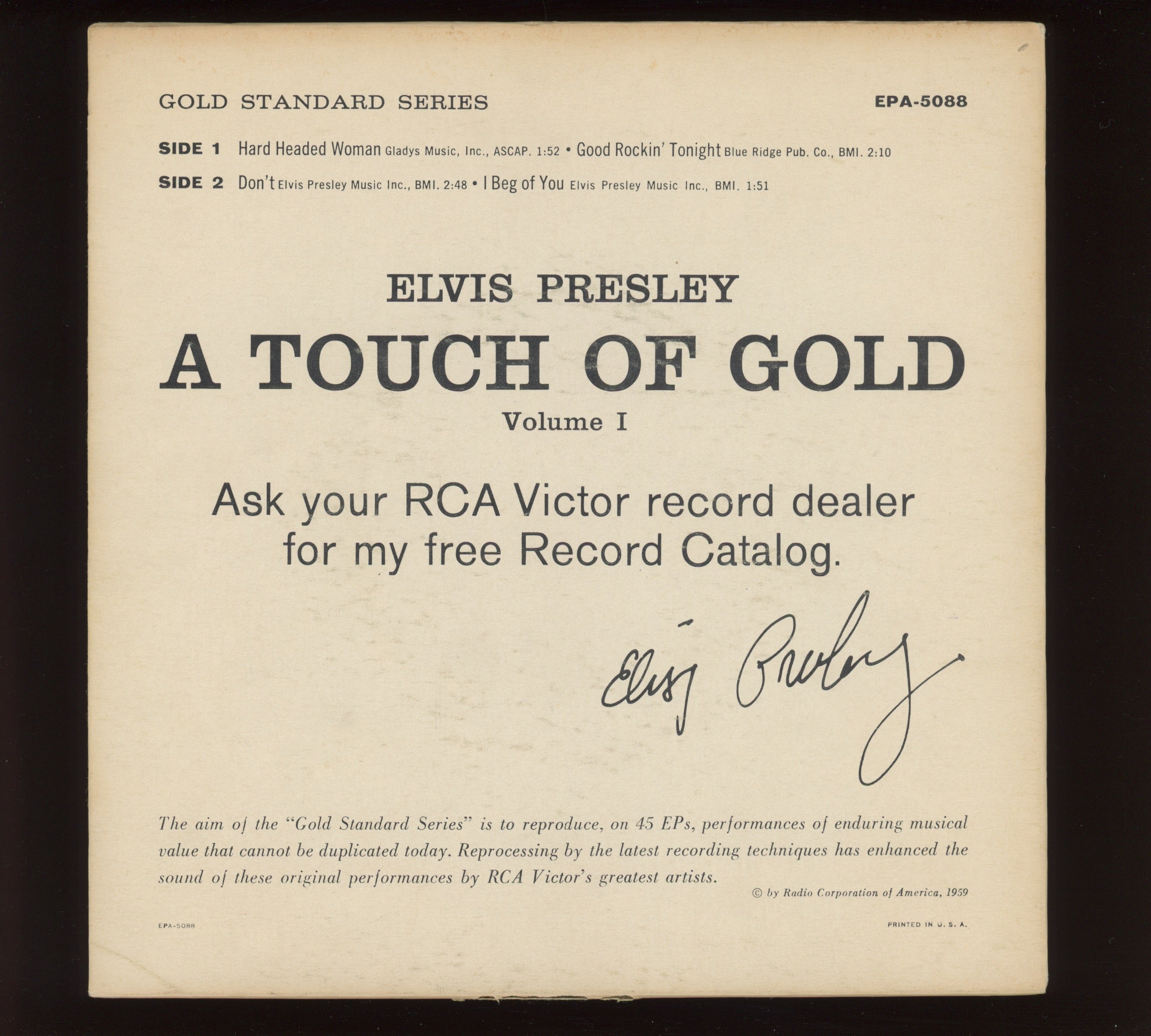 Elvis Presley - A Touch Of Gold Volume I on RCA EPA-5088 Maroon Label EP 45 With Cover