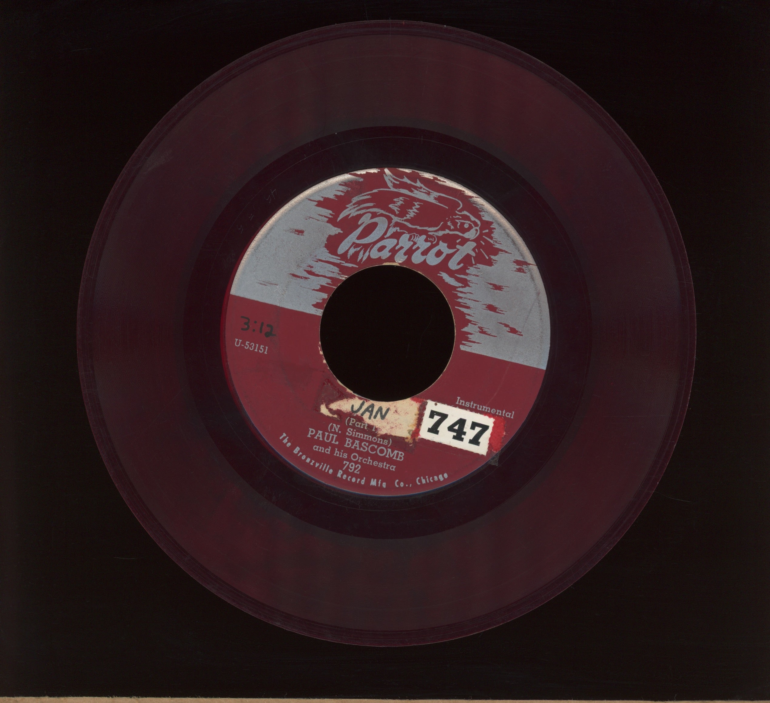 Paul Bascomb And His Orchestra - Jan on Parrot Red Vinyl Jazz Exotica 45