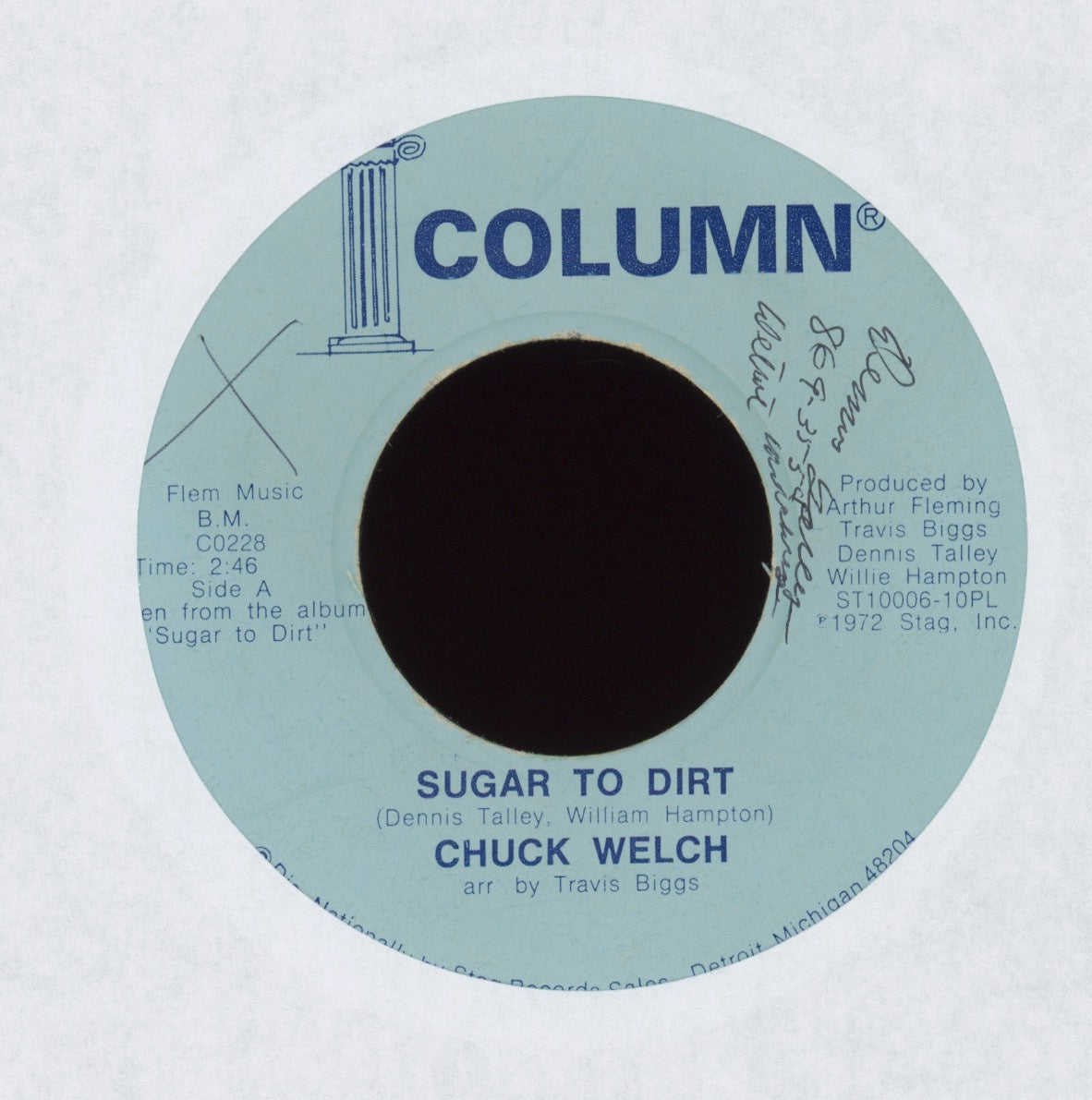 Chuck Welch - Destination Heartache / Sugar To Dirt on Column Crossover Sweet Soul 45