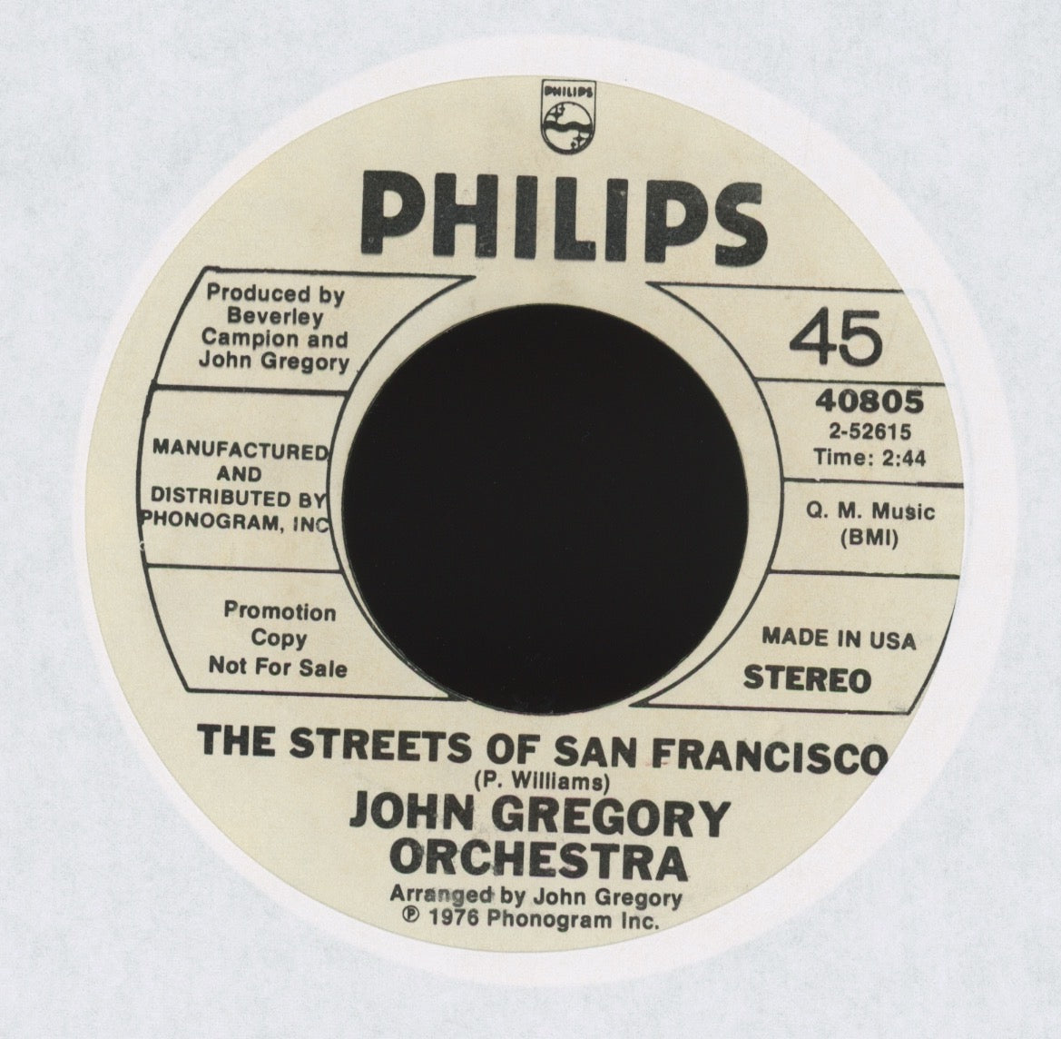 John Gregory And His Orchestra - The Streets Of San Francisco on Philips Promo Jazz Funk 45