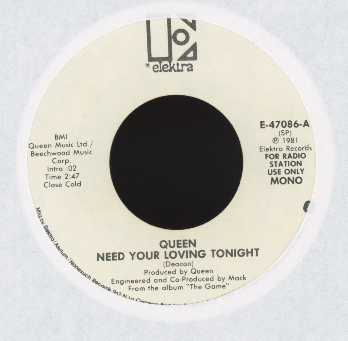 Queen - Need Your Loving Tonight on Elektra Promo Rock 45