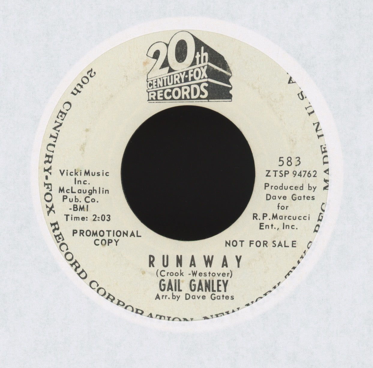 Gail Ganley - Runaway on 20th Century Fox Promo Teen R&B 45