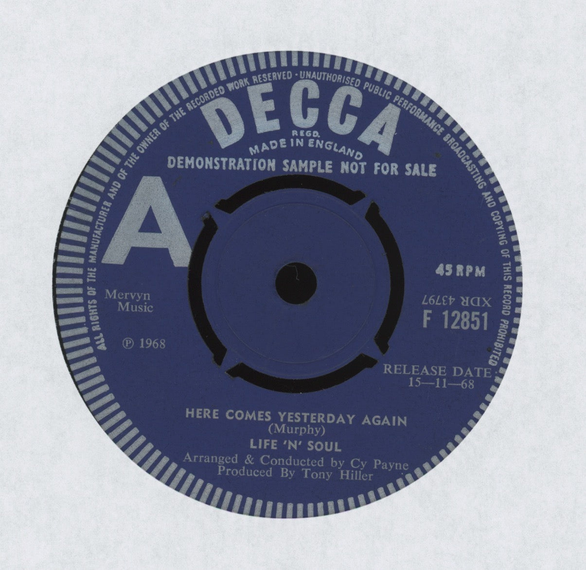 Life 'N' Soul - Here Comes Yesterday Again on Decca UK Pop Rock 45