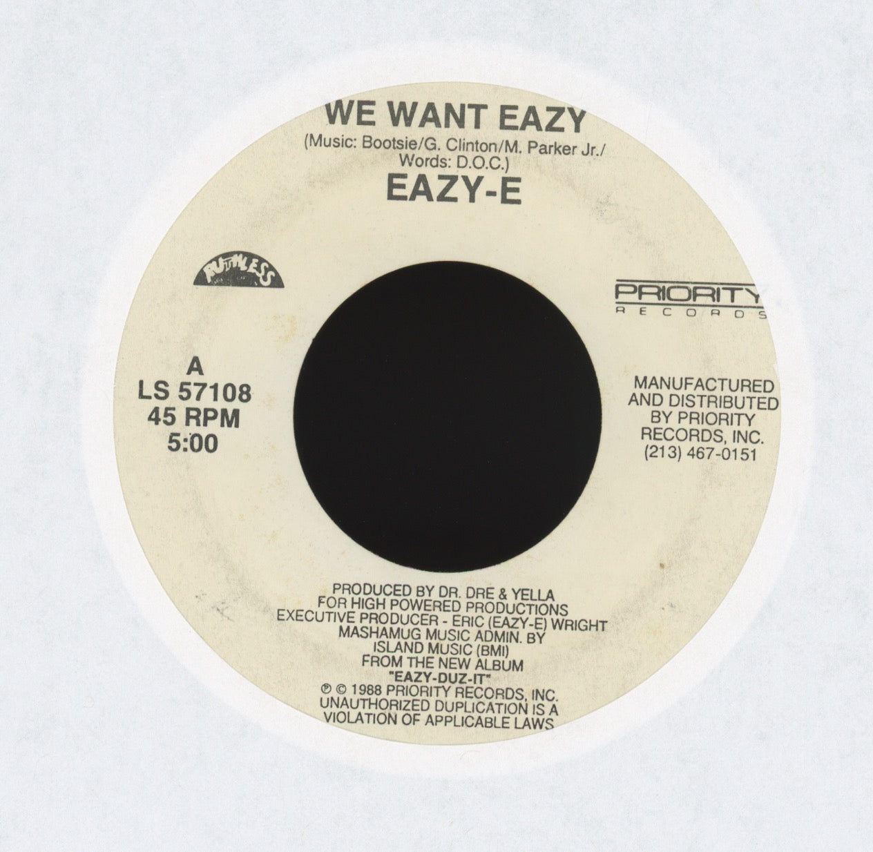 Eazy-E - We Want Eazy on Ruthless Promo Hip Hop 45