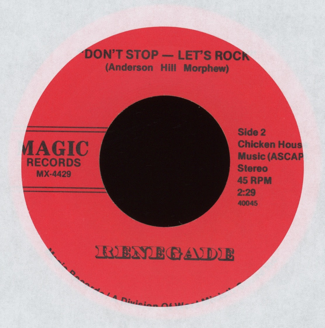 Renegade - Don't Stop Let's Rock on Magic Hard Rock 45 With Picture Sleeve